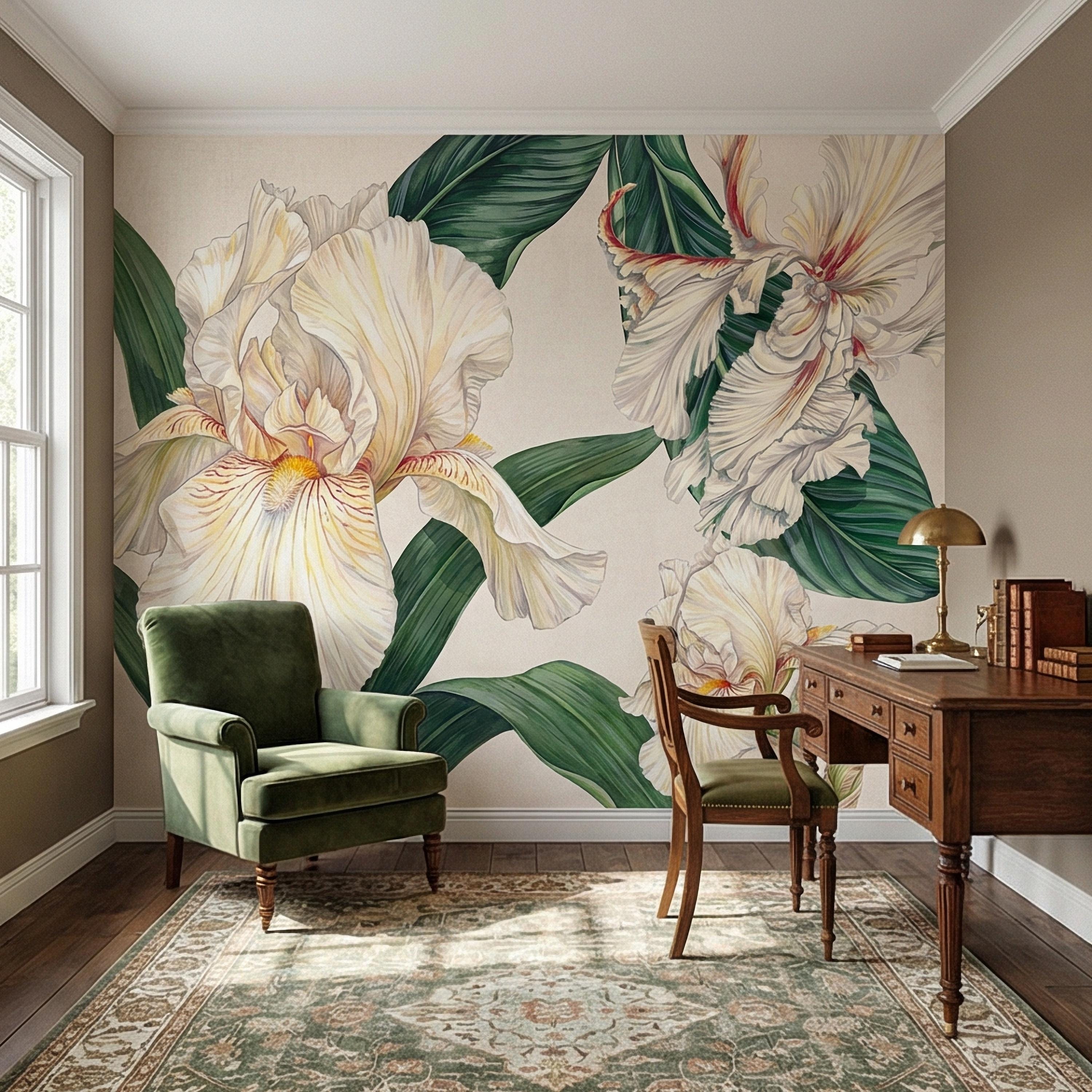 White Iris Peel and Stick Wall Mural, Elegant Botanical Floral, Soft Neutral Bloom, Large Flower Wallpaper