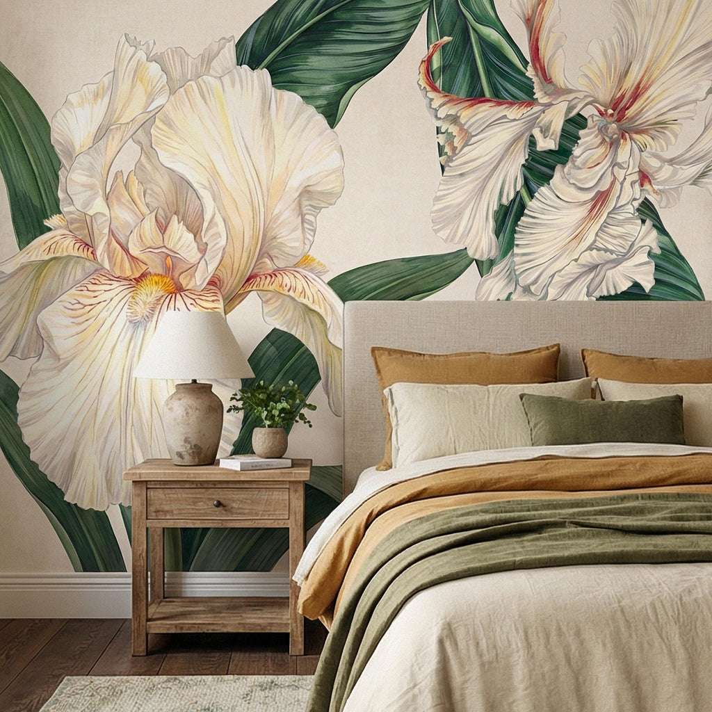 White Iris Peel and Stick Wall Mural, Elegant Botanical Floral, Soft Neutral Bloom, Large Flower Wallpaper