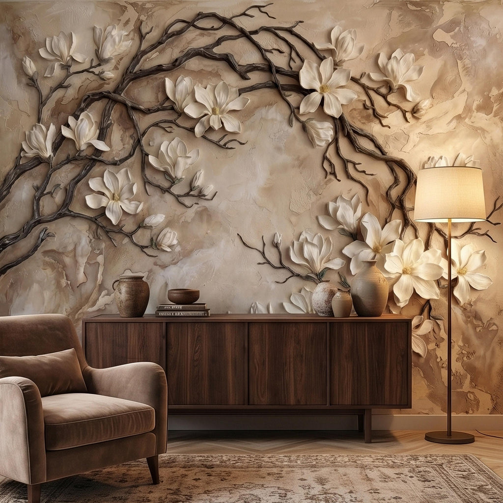White Magnolia Blossoms Peel & Stick Wall Mural, Flat Cream Taupe Stone Style, 3D Visual Effect Elegant Embossed Look Botanical Wallpaper
