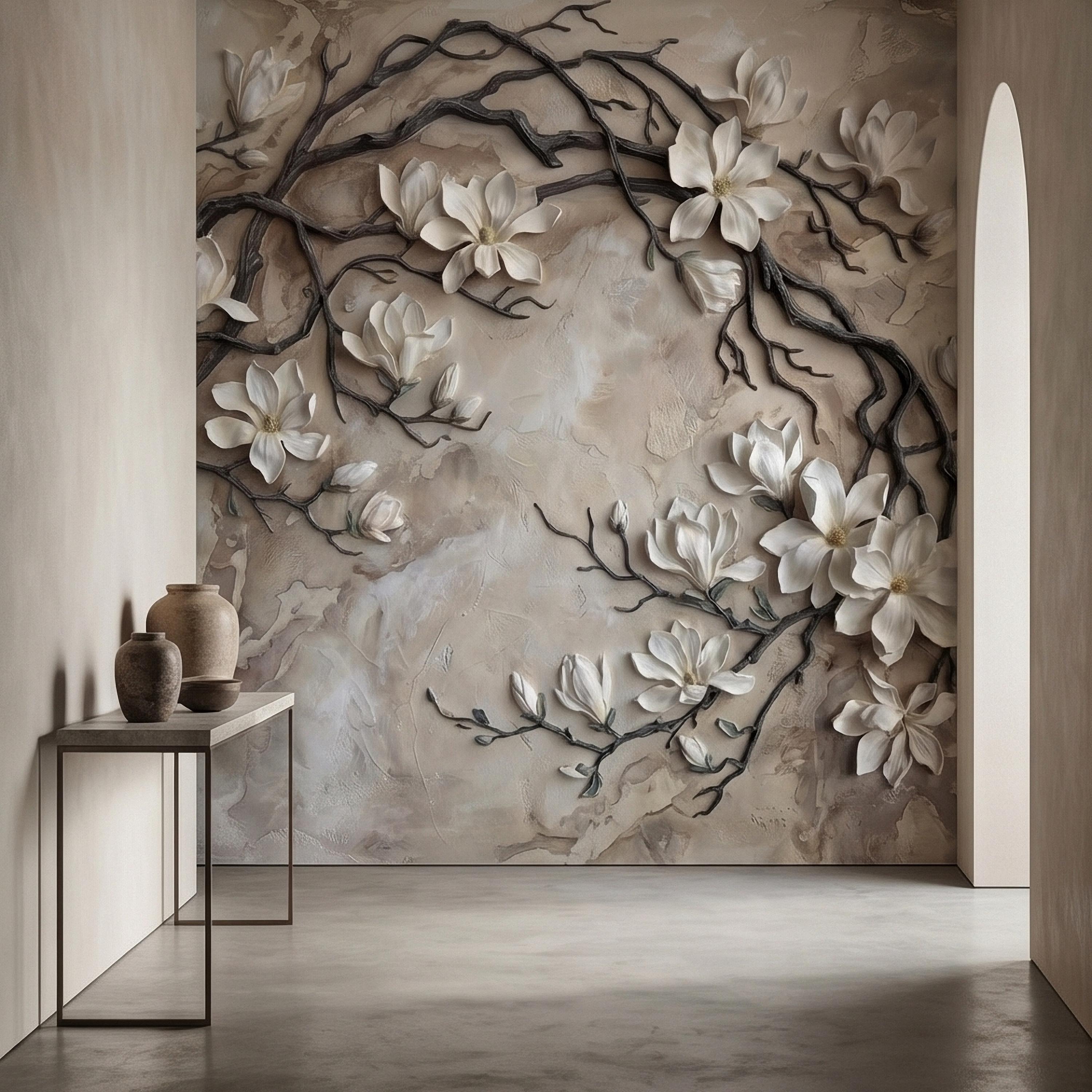 White Magnolia Blossoms Peel & Stick Wall Mural, Flat Cream Taupe Stone Style, 3D Visual Effect Elegant Embossed Look Botanical Wallpaper