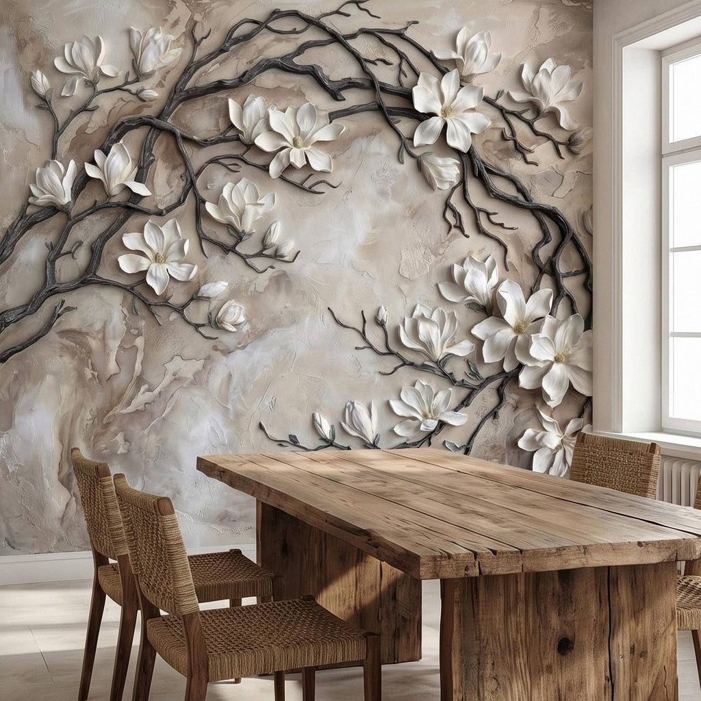 White Magnolia Blossoms Peel & Stick Wall Mural, Flat Cream Taupe Stone Style, 3D Visual Effect Elegant Embossed Look Botanical Wallpaper