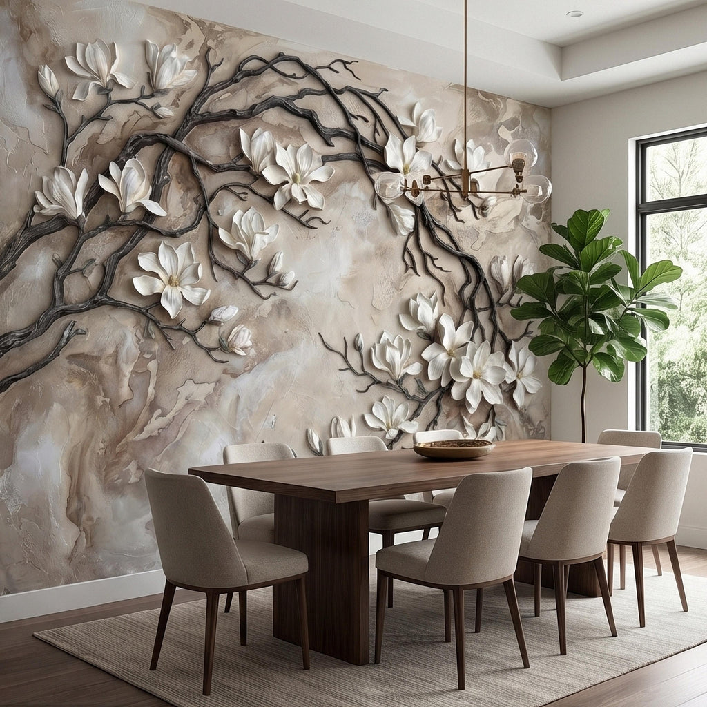 White Magnolia Blossoms Peel & Stick Wall Mural, Flat Cream Taupe Stone Style, 3D Visual Effect Elegant Embossed Look Botanical Wallpaper