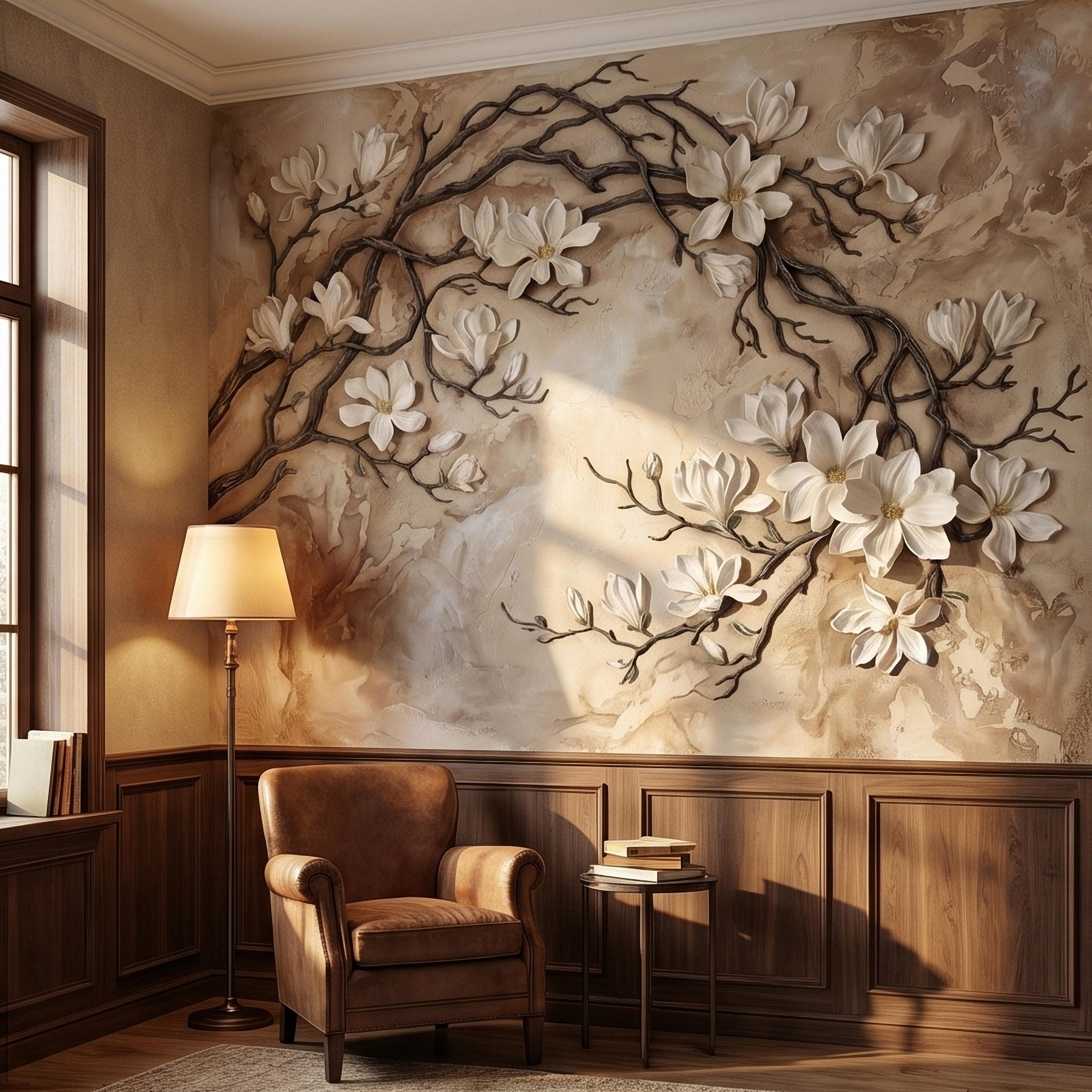 White Magnolia Blossoms Peel & Stick Wall Mural, Flat Cream Taupe Stone Style, 3D Visual Effect Elegant Embossed Look Botanical Wallpaper
