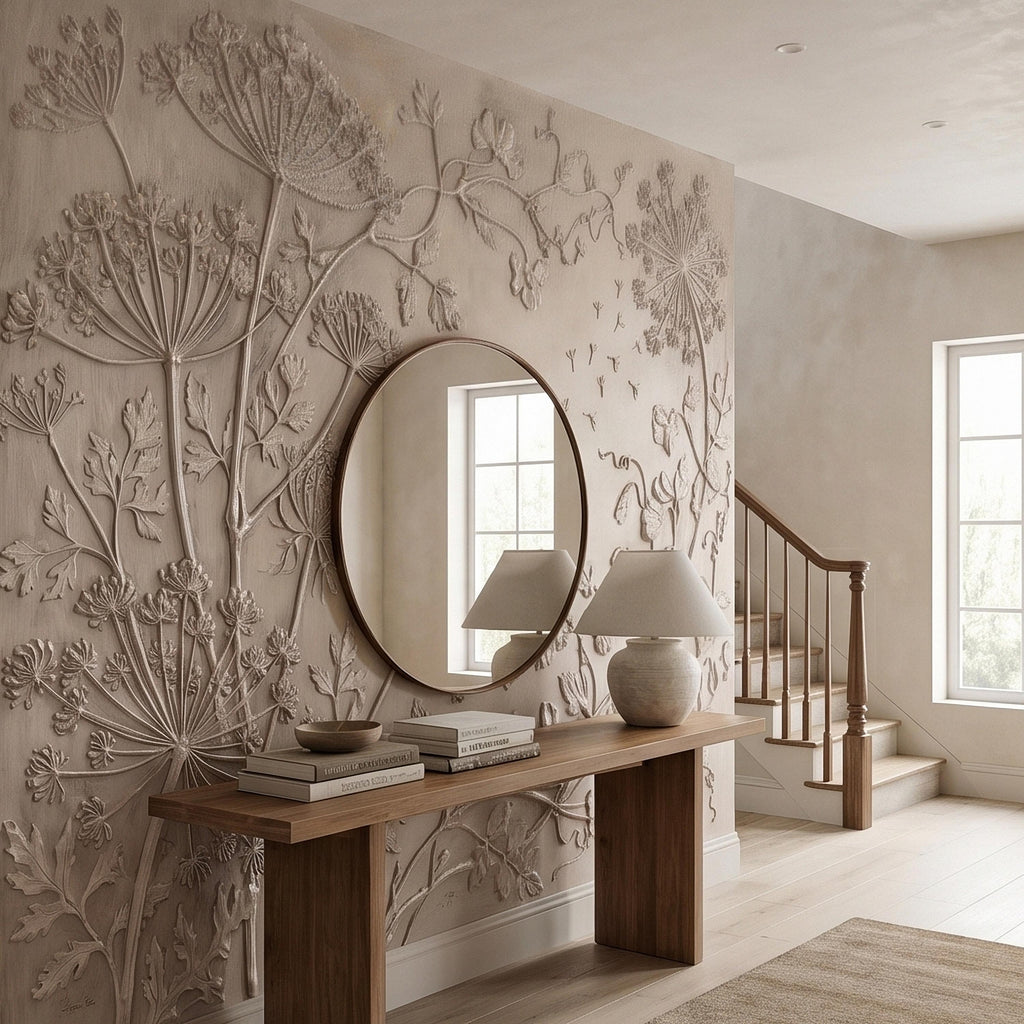 Neutral Wildflower Botanical Peel & Stick Wall Mural, Textured Meadow Bas Relief Style, Luxury Embossed Beige Taupe Floating Seeds Wallpaper