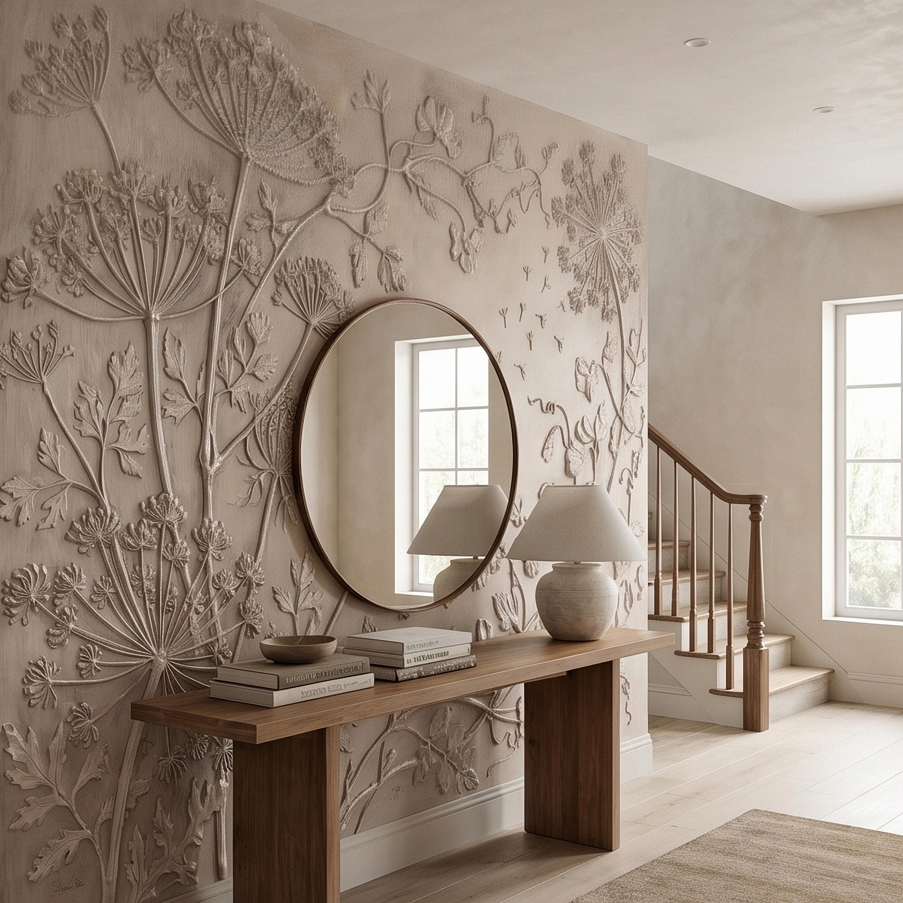 Neutral Wildflower Botanical Peel & Stick Wall Mural, Textured Meadow Bas Relief Style, Luxury Embossed Beige Taupe Floating Seeds Wallpaper