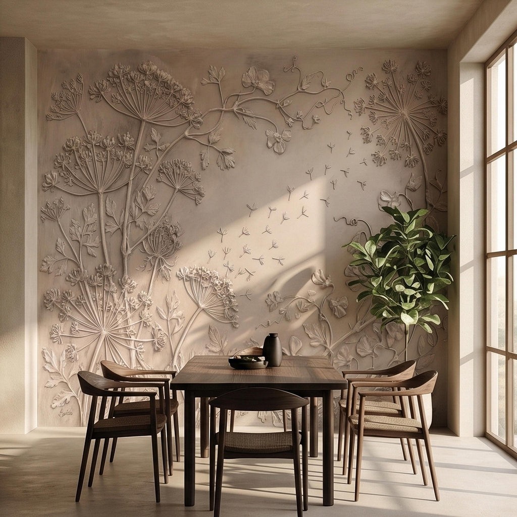 Neutral Wildflower Botanical Peel & Stick Wall Mural, Textured Meadow Bas Relief Style, Luxury Embossed Beige Taupe Floating Seeds Wallpaper