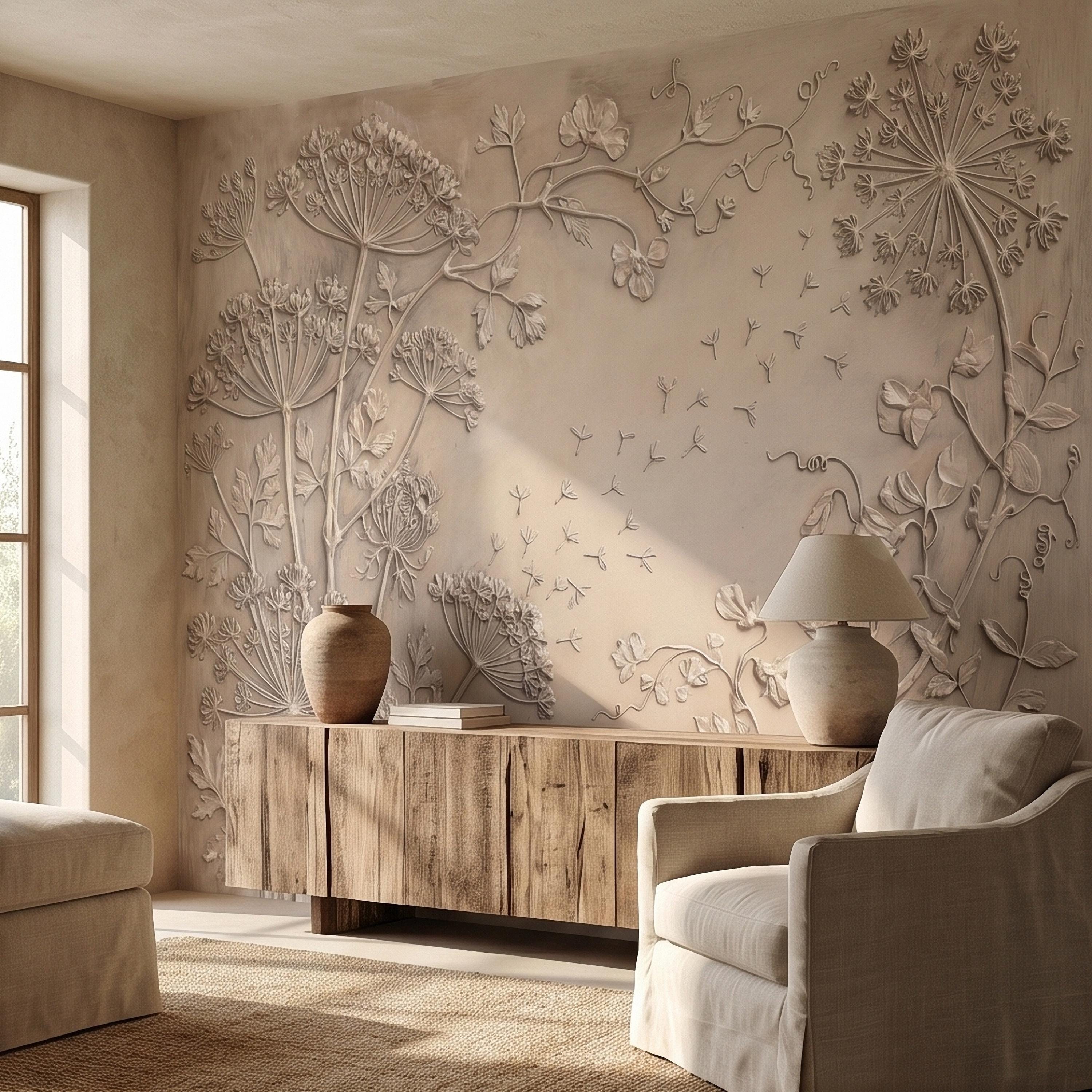 Neutral Wildflower Botanical Peel & Stick Wall Mural, Textured Meadow Bas Relief Style, Luxury Embossed Beige Taupe Floating Seeds Wallpaper