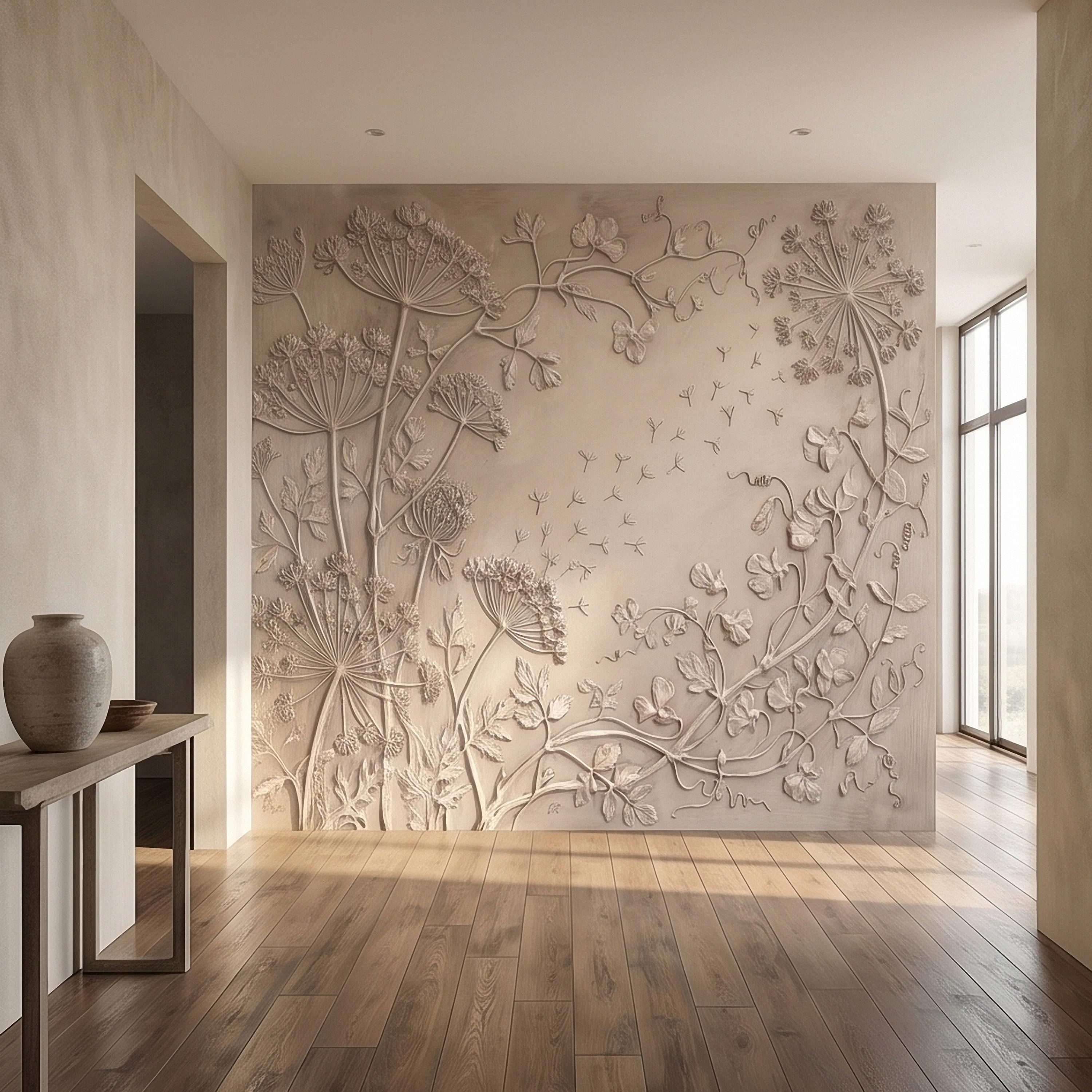 Neutral Wildflower Botanical Peel & Stick Wall Mural, Textured Meadow Bas Relief Style, Luxury Embossed Beige Taupe Floating Seeds Wallpaper