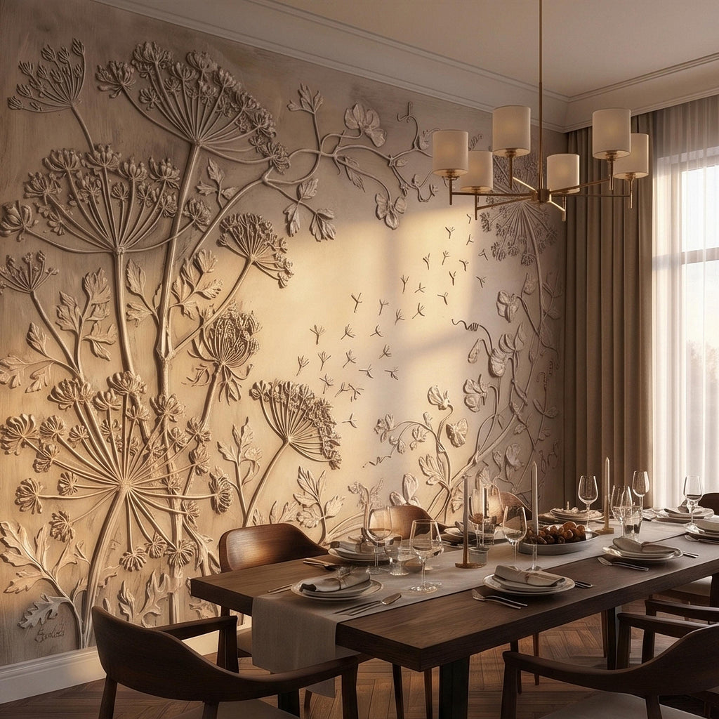 Neutral Wildflower Botanical Peel & Stick Wall Mural, Textured Meadow Bas Relief Style, Luxury Embossed Beige Taupe Floating Seeds Wallpaper