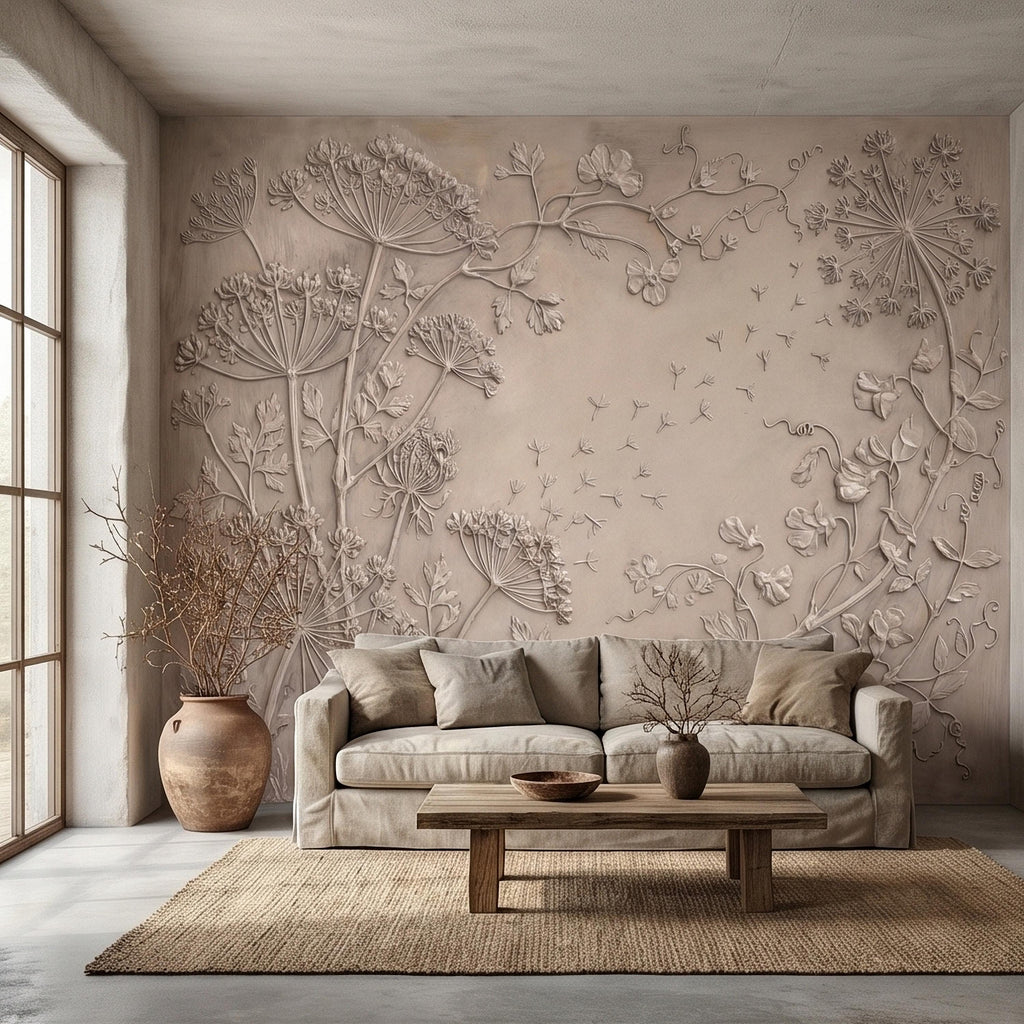 Neutral Wildflower Botanical Peel & Stick Wall Mural, Textured Meadow Bas Relief Style, Luxury Embossed Beige Taupe Floating Seeds Wallpaper