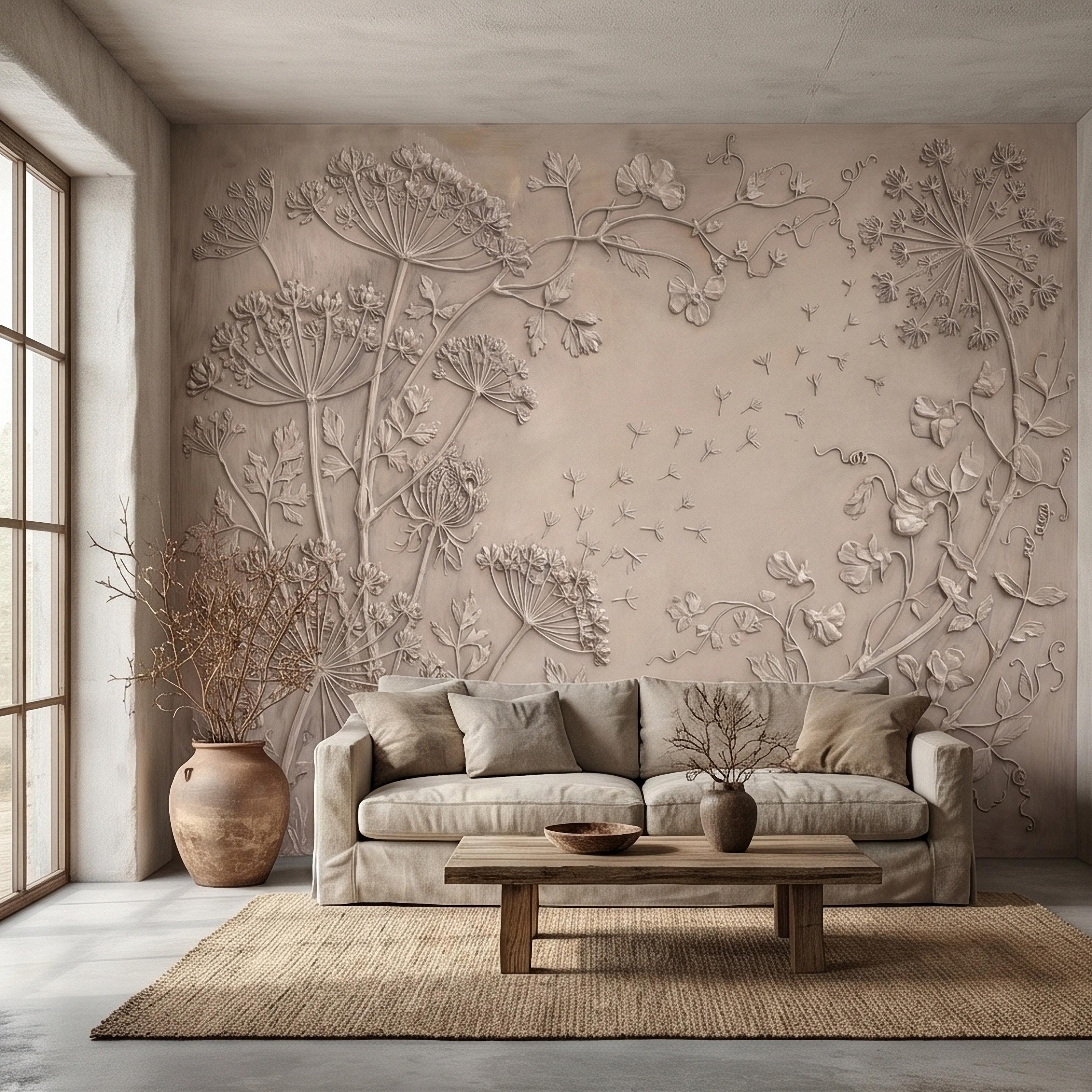 Neutral Wildflower Botanical Peel & Stick Wall Mural, Textured Meadow Bas Relief Style, Luxury Embossed Beige Taupe Floating Seeds Wallpaper