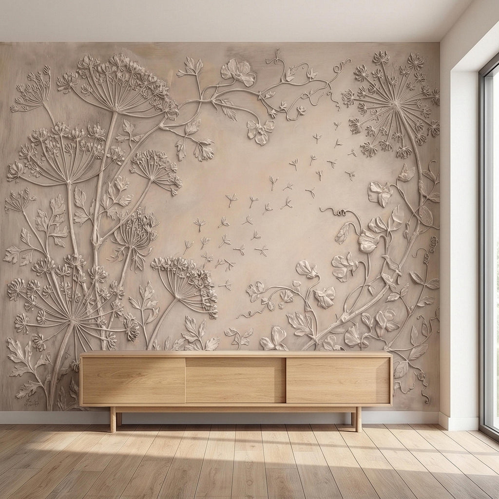 Neutral Wildflower Botanical Peel & Stick Wall Mural, Textured Meadow Bas Relief Style, Luxury Embossed Beige Taupe Floating Seeds Wallpaper