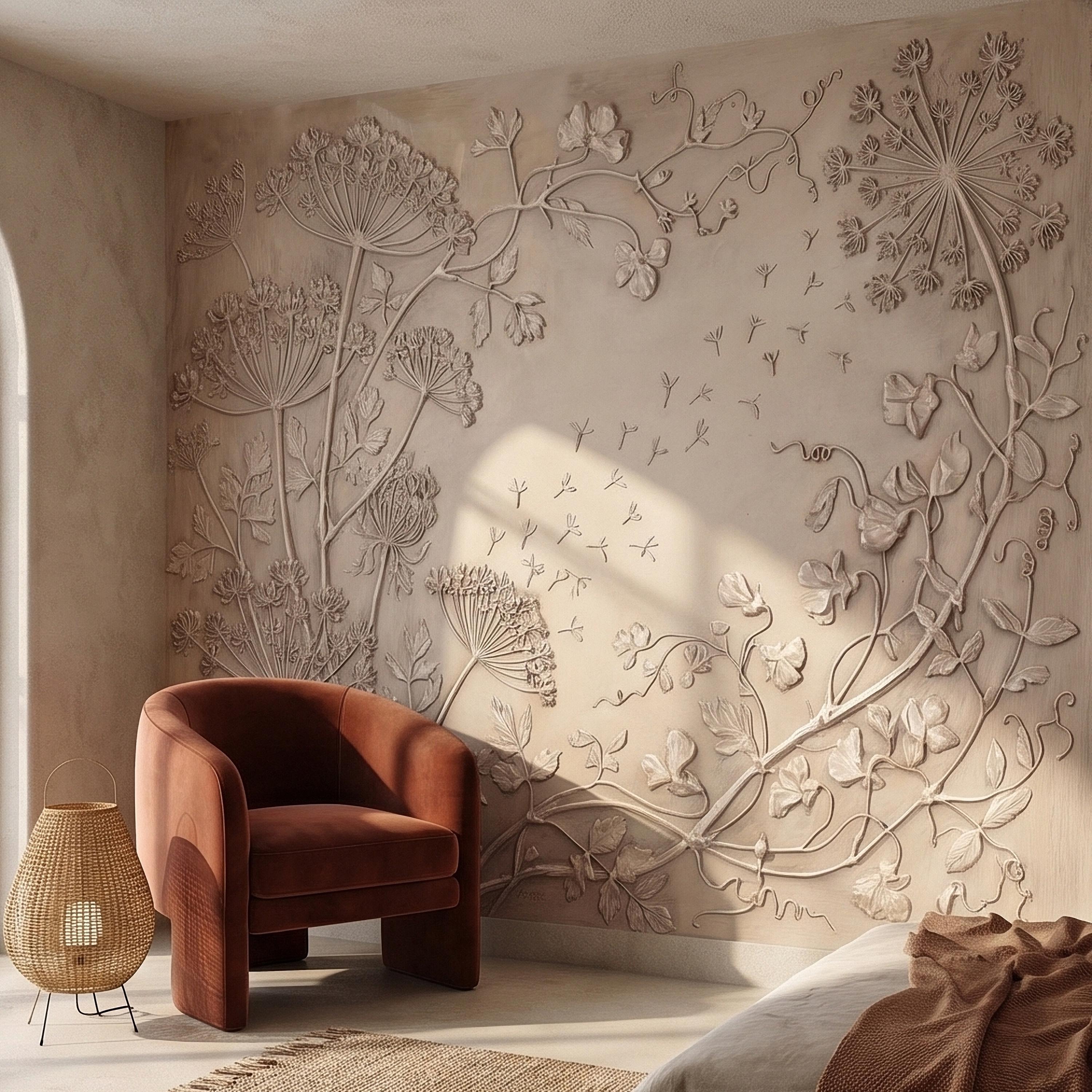 Neutral Wildflower Botanical Peel & Stick Wall Mural, Textured Meadow Bas Relief Style, Luxury Embossed Beige Taupe Floating Seeds Wallpaper