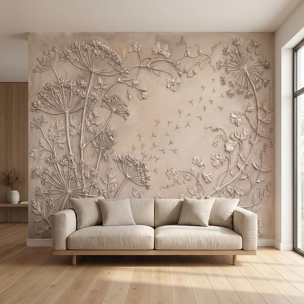 Neutral Wildflower Botanical Peel & Stick Wall Mural, Textured Meadow Bas Relief Style, Luxury Embossed Beige Taupe Floating Seeds Wallpaper
