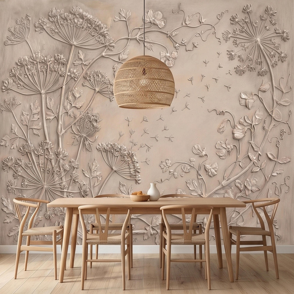 Neutral Wildflower Botanical Peel & Stick Wall Mural, Textured Meadow Bas Relief Style, Luxury Embossed Beige Taupe Floating Seeds Wallpaper