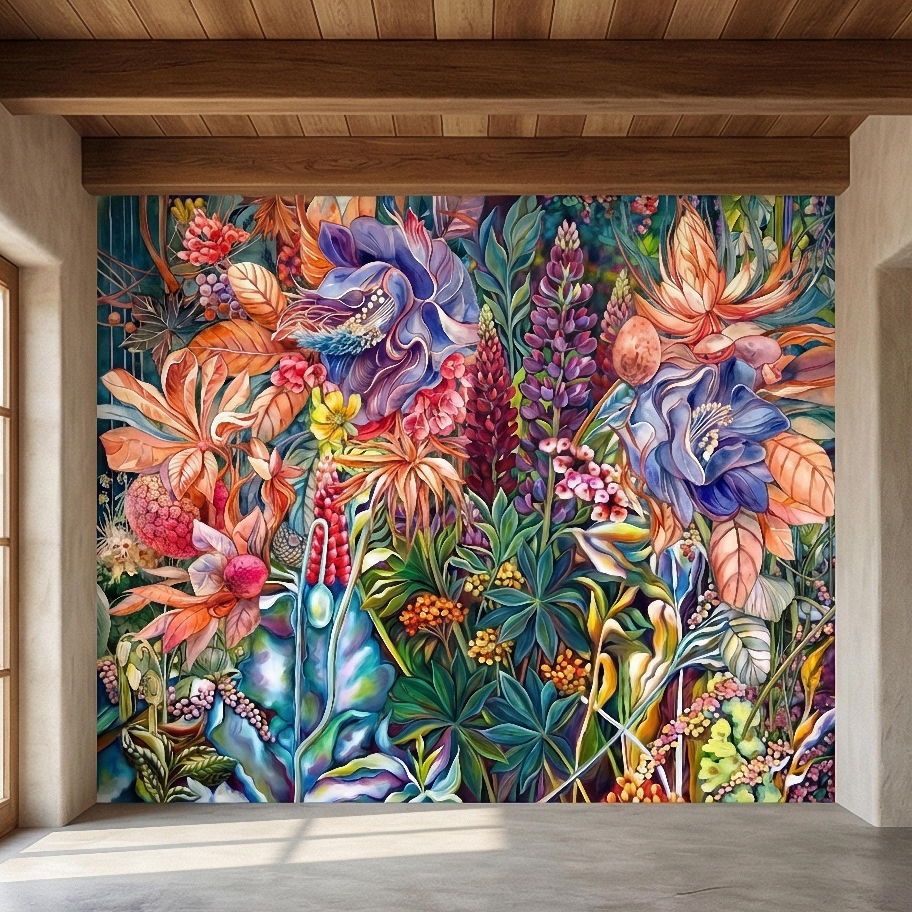Bold Botanical Peel and Stick Wall Mural, Colorful Abstract Floral, Maximalist Garden Bloom, Artistic Statement Wallpaper