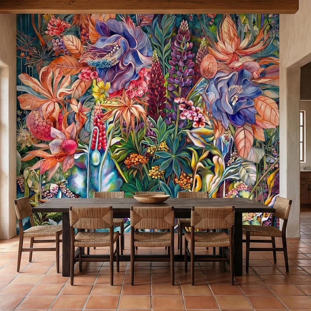 Bold Botanical Peel and Stick Wall Mural, Colorful Abstract Floral, Maximalist Garden Bloom, Artistic Statement Wallpaper