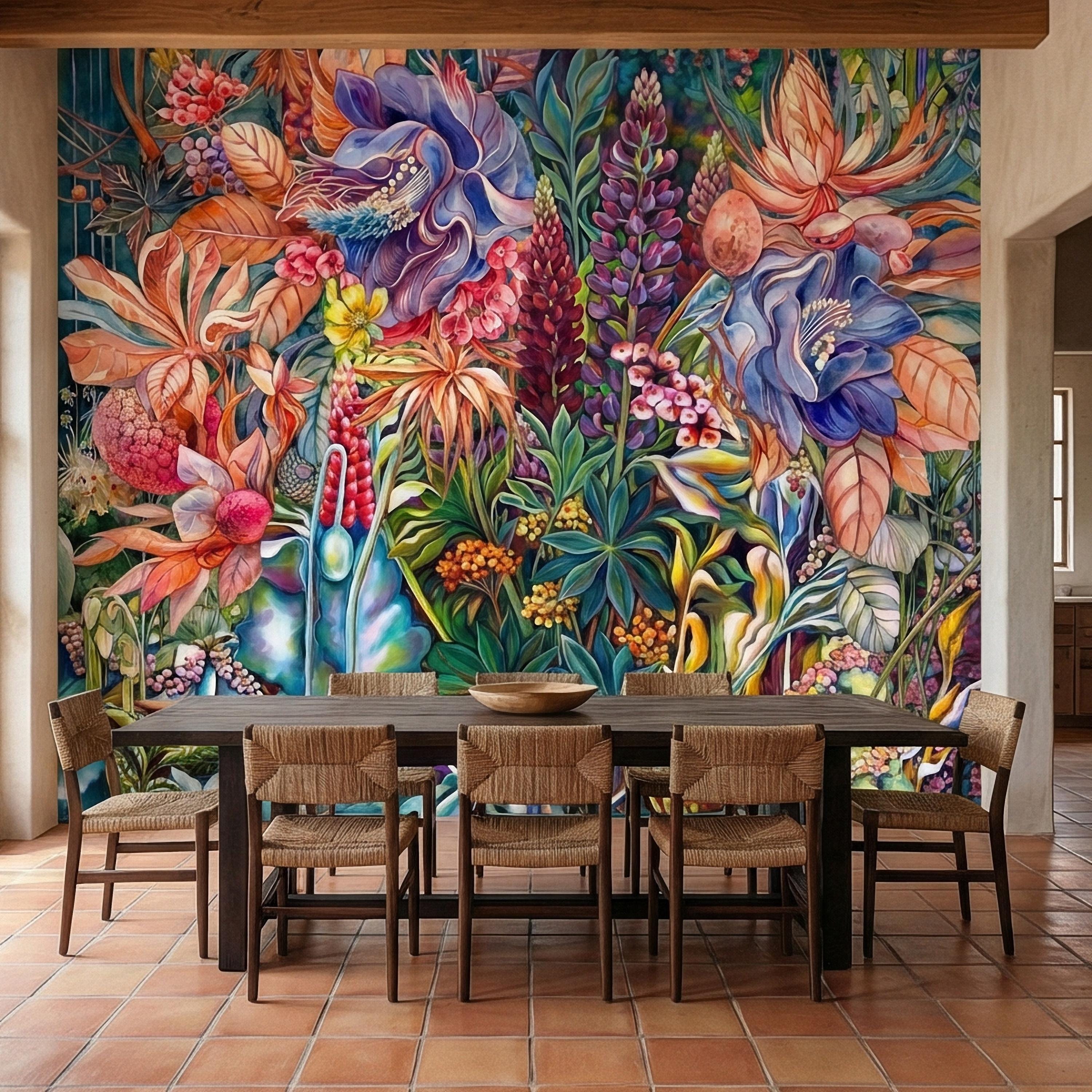 Bold Botanical Peel and Stick Wall Mural, Colorful Abstract Floral, Maximalist Garden Bloom, Artistic Statement Wallpaper
