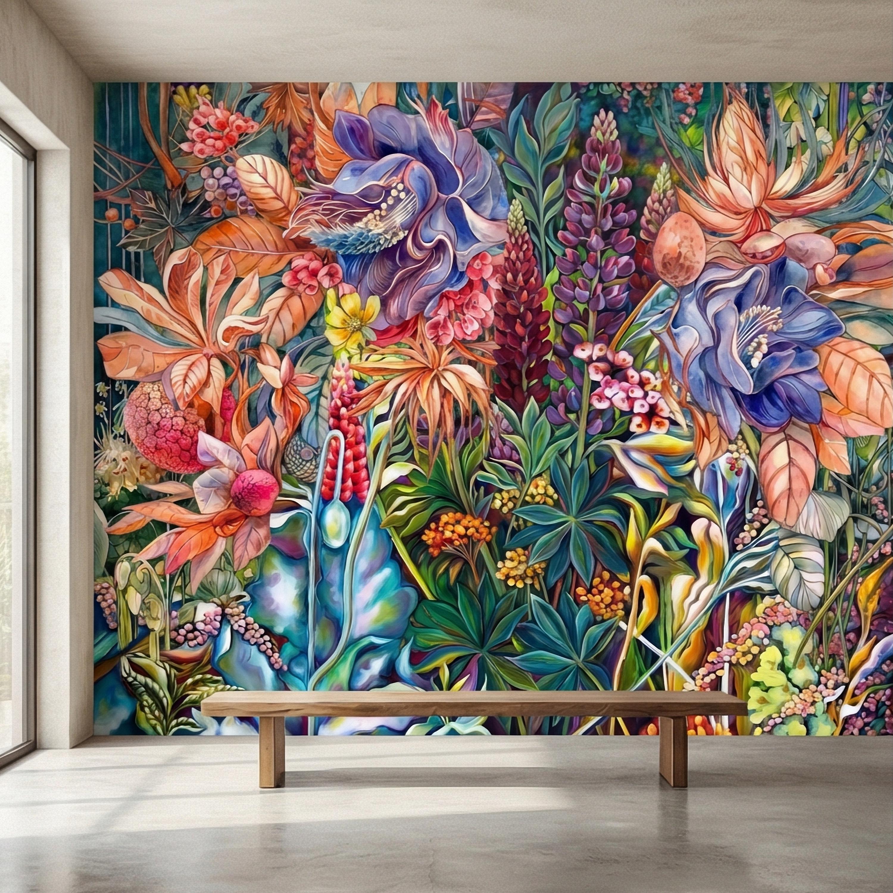Bold Botanical Peel and Stick Wall Mural, Colorful Abstract Floral, Maximalist Garden Bloom, Artistic Statement Wallpaper