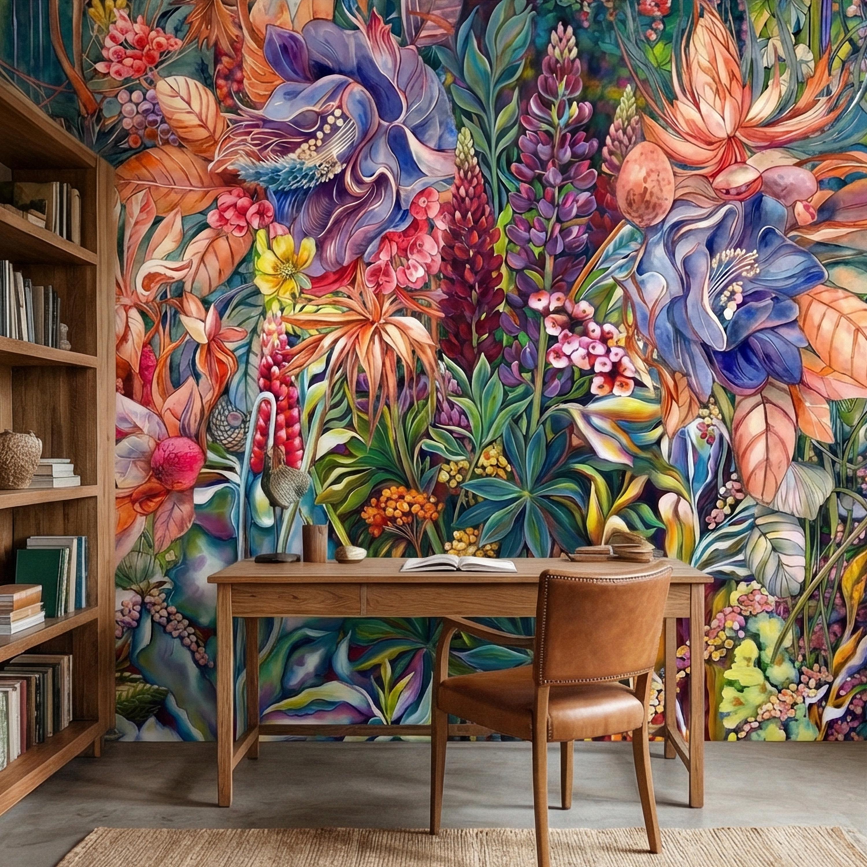 Bold Botanical Peel and Stick Wall Mural, Colorful Abstract Floral, Maximalist Garden Bloom, Artistic Statement Wallpaper