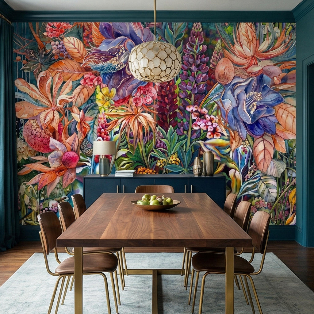 Bold Botanical Peel and Stick Wall Mural, Colorful Abstract Floral, Maximalist Garden Bloom, Artistic Statement Wallpaper