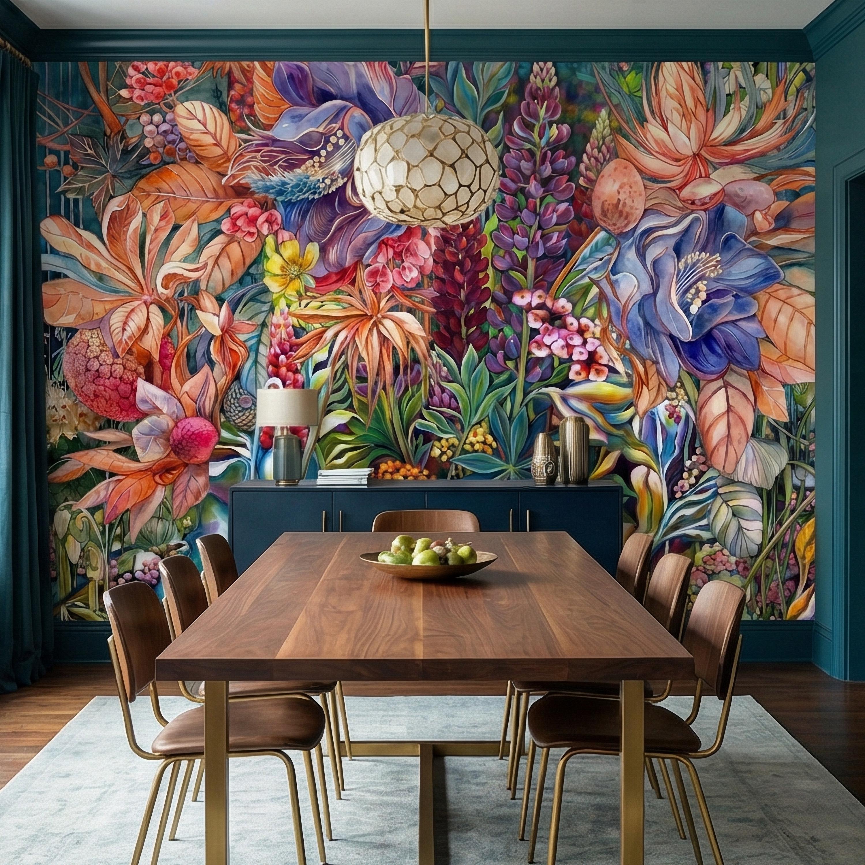 Bold Botanical Peel and Stick Wall Mural, Colorful Abstract Floral, Maximalist Garden Bloom, Artistic Statement Wallpaper