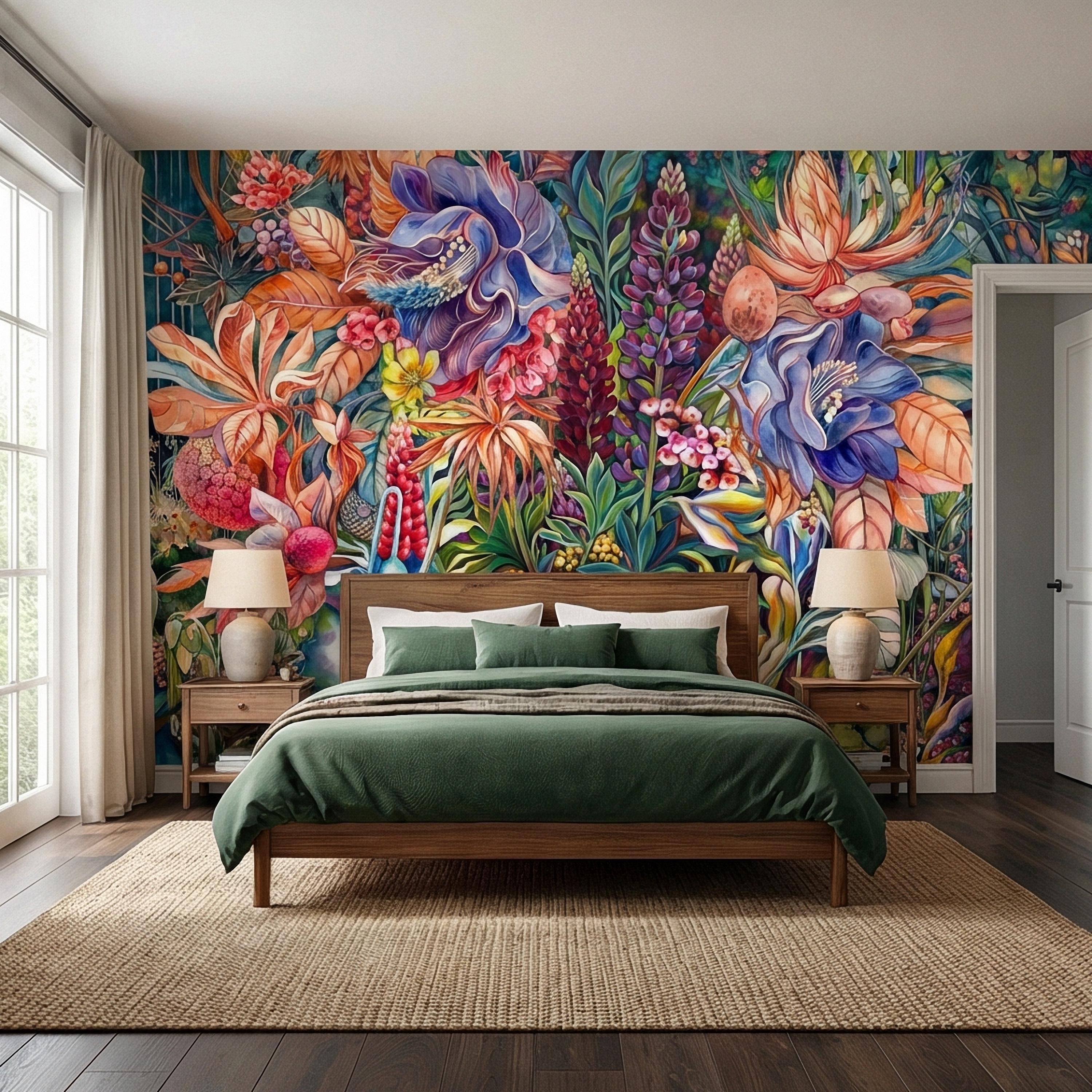 Bold Botanical Peel and Stick Wall Mural, Colorful Abstract Floral, Maximalist Garden Bloom, Artistic Statement Wallpaper