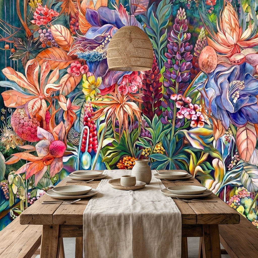 Bold Botanical Peel and Stick Wall Mural, Colorful Abstract Floral, Maximalist Garden Bloom, Artistic Statement Wallpaper