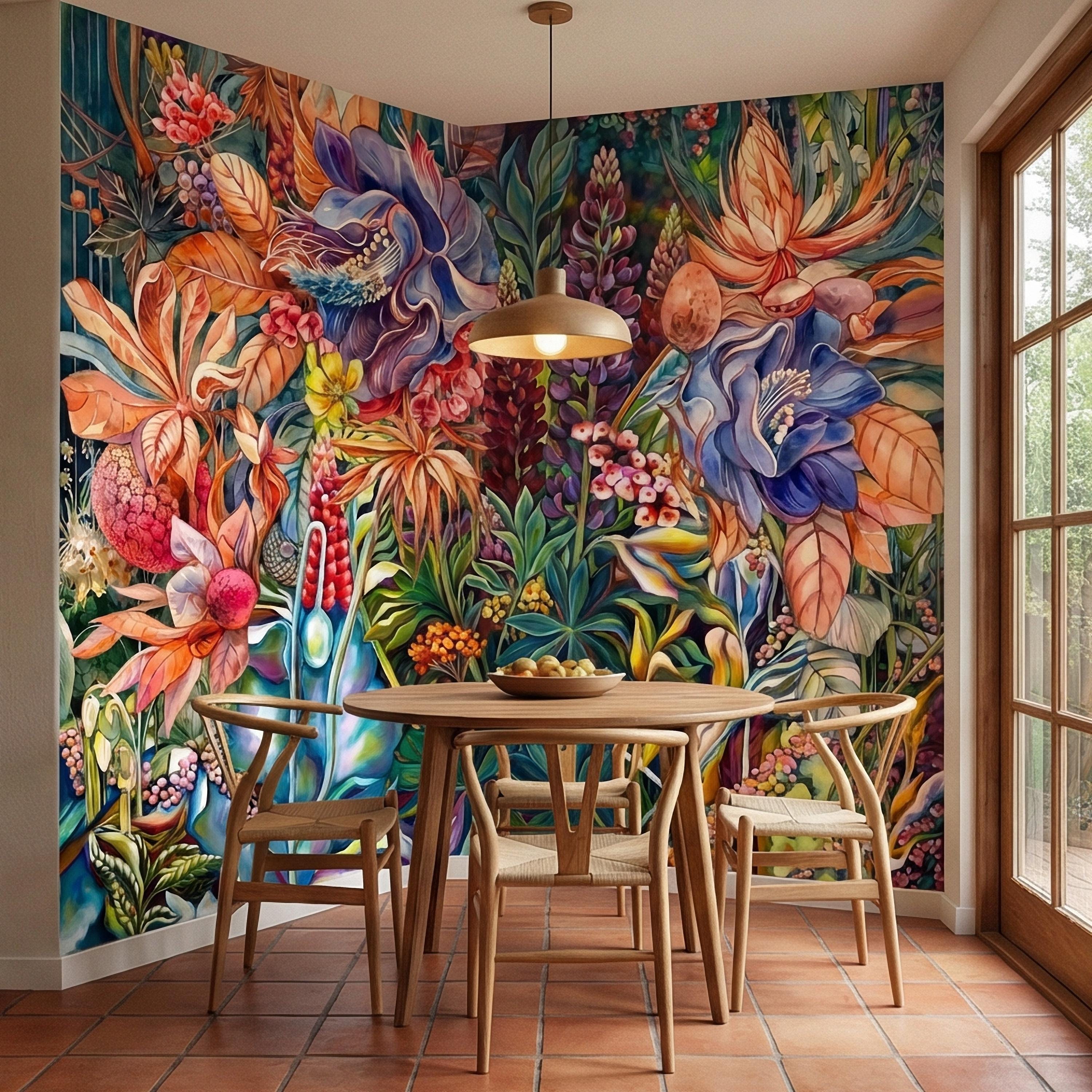Bold Botanical Peel and Stick Wall Mural, Colorful Abstract Floral, Maximalist Garden Bloom, Artistic Statement Wallpaper