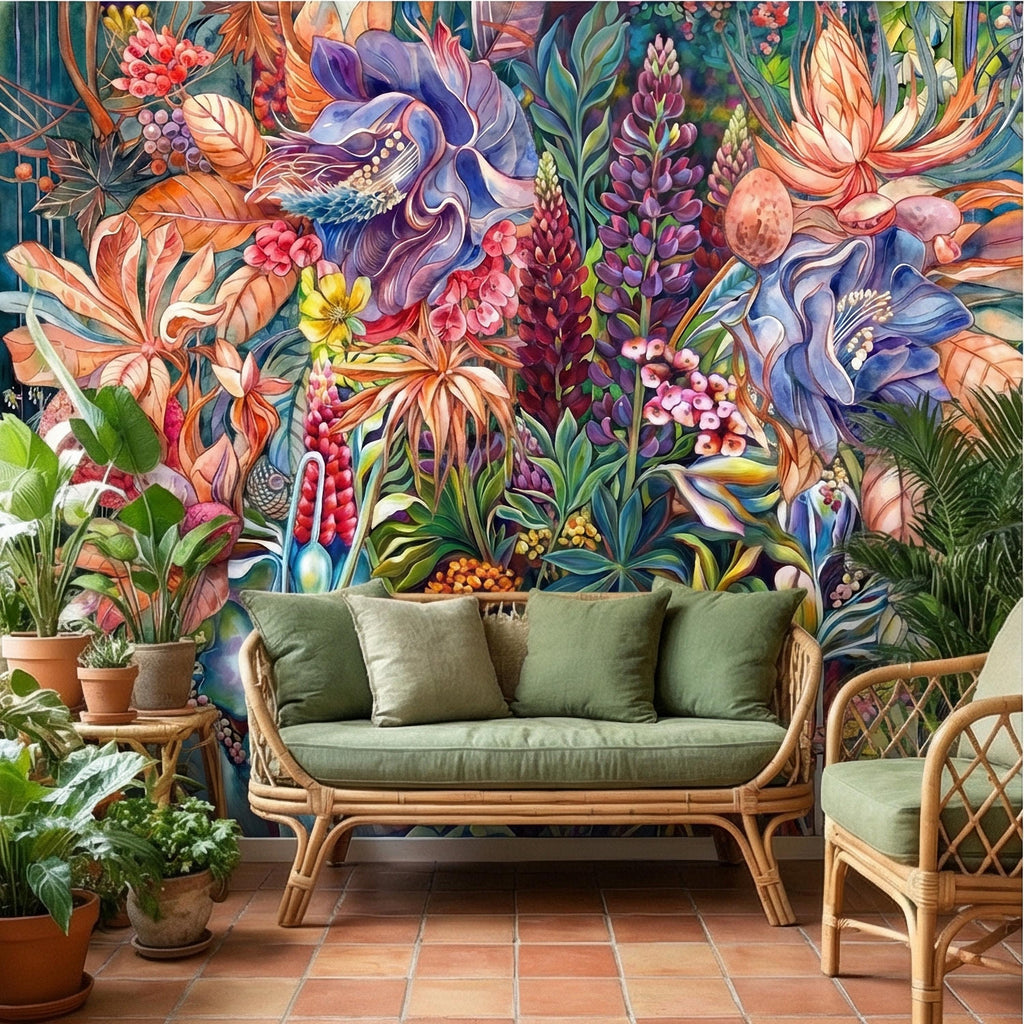 Bold Botanical Peel and Stick Wall Mural, Colorful Abstract Floral, Maximalist Garden Bloom, Artistic Statement Wallpaper