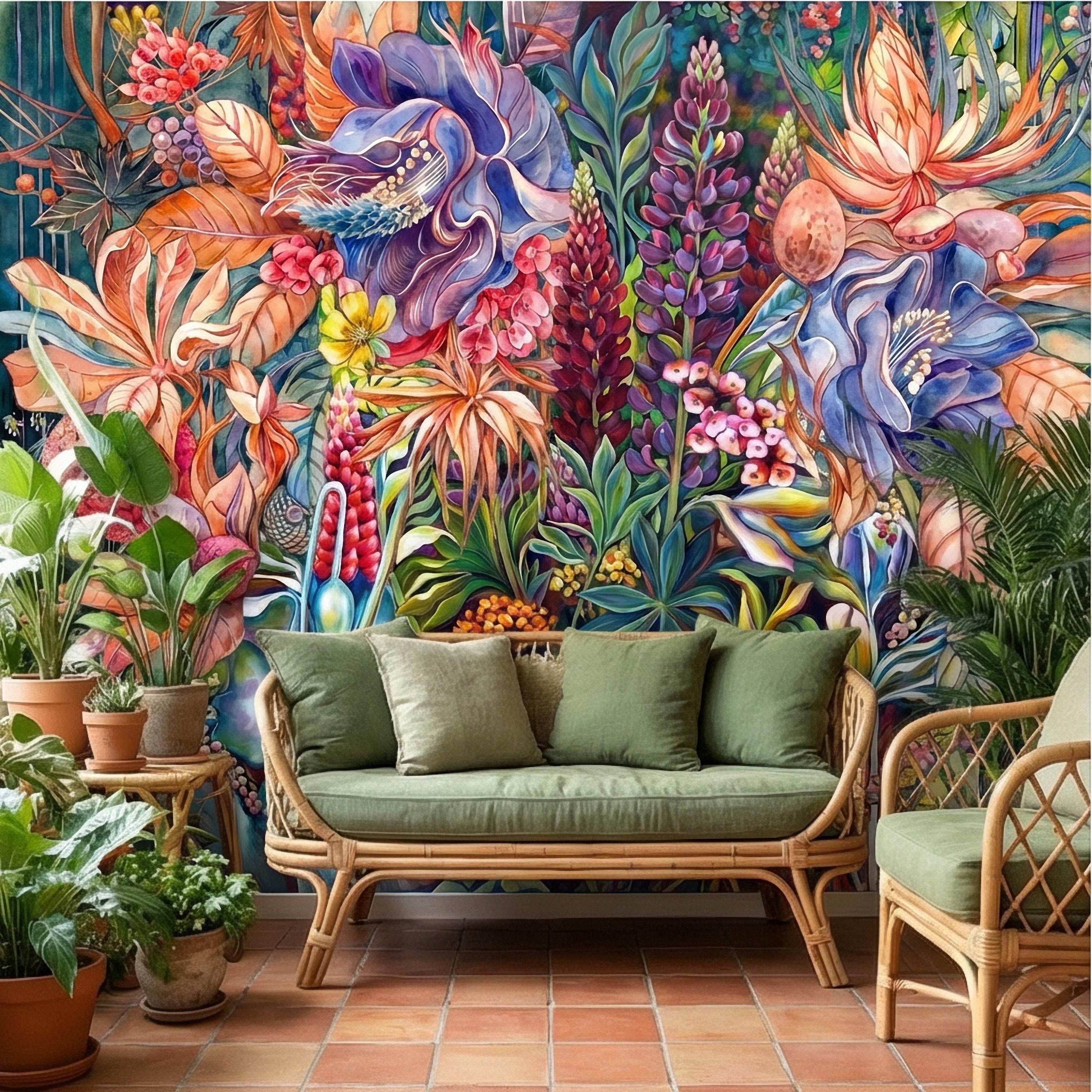 Bold Botanical Peel and Stick Wall Mural, Colorful Abstract Floral, Maximalist Garden Bloom, Artistic Statement Wallpaper