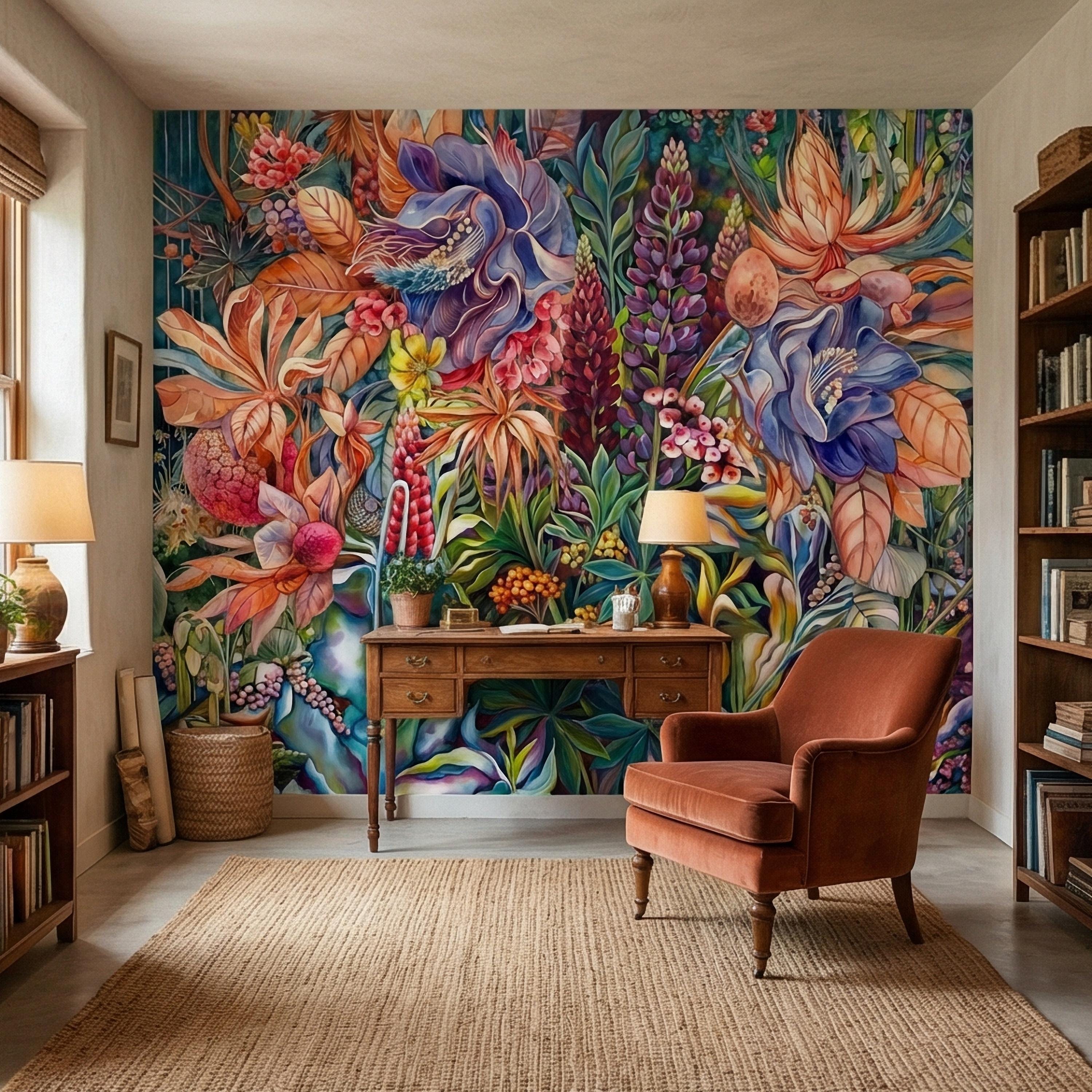 Bold Botanical Peel and Stick Wall Mural, Colorful Abstract Floral, Maximalist Garden Bloom, Artistic Statement Wallpaper