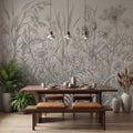 Hand Drawn Wildflower Meadow Botanical Sketch Peel and Stick Wall Mural, Vintage Herbarium Pencil Illustration Neutral Gray Floral Wallpaper
