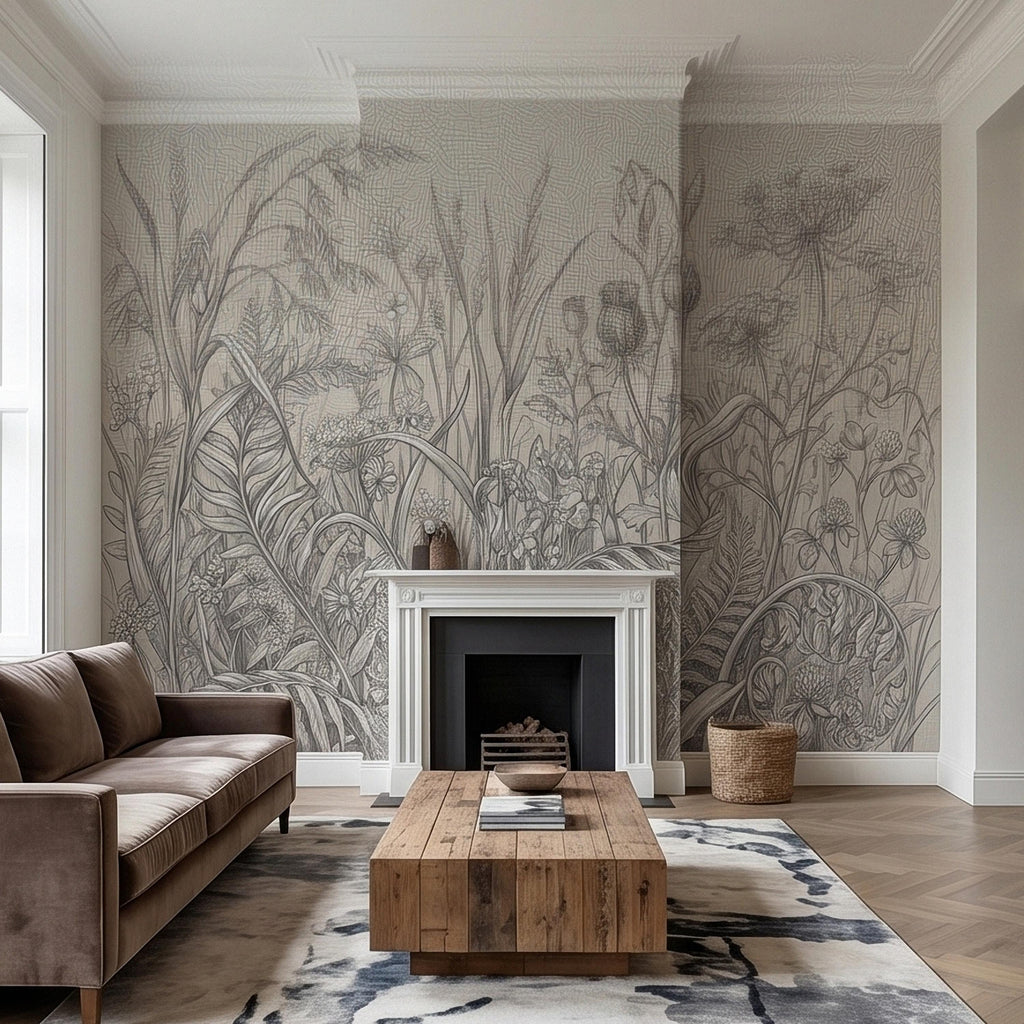 Hand Drawn Wildflower Meadow Botanical Sketch Peel and Stick Wall Mural, Vintage Herbarium Pencil Illustration Neutral Gray Floral Wallpaper