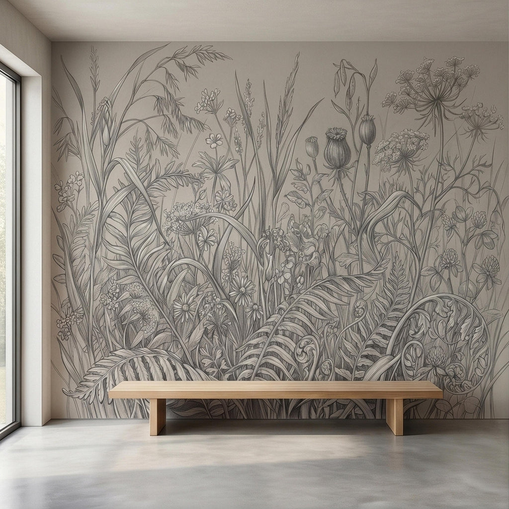 Hand Drawn Wildflower Meadow Botanical Sketch Peel and Stick Wall Mural, Vintage Herbarium Pencil Illustration Neutral Gray Floral Wallpaper