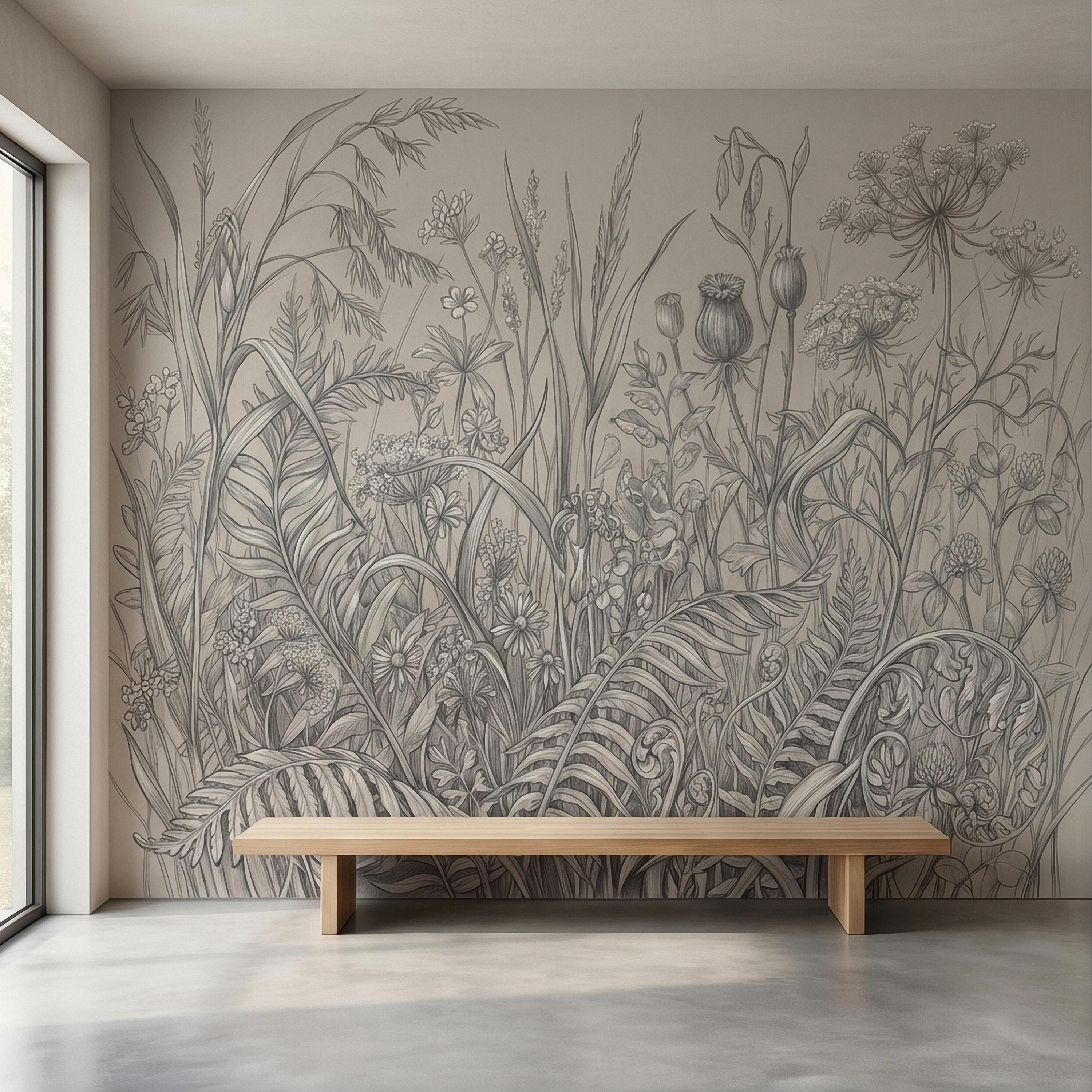 Hand Drawn Wildflower Meadow Botanical Sketch Peel and Stick Wall Mural, Vintage Herbarium Pencil Illustration Neutral Gray Floral Wallpaper