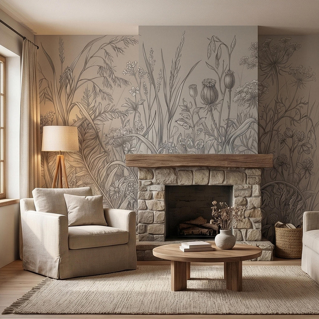 Hand Drawn Wildflower Meadow Botanical Sketch Peel and Stick Wall Mural, Vintage Herbarium Pencil Illustration Neutral Gray Floral Wallpaper