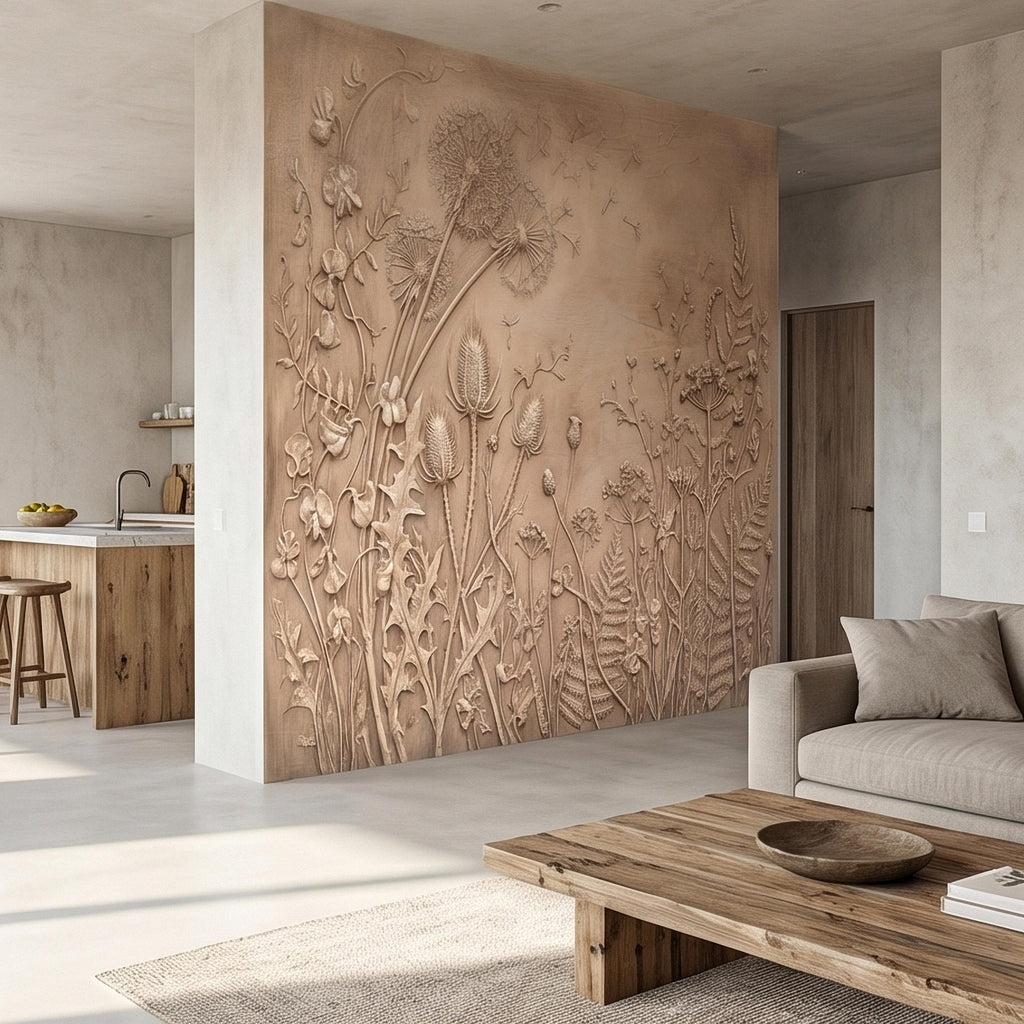 Dandelion Seeds Wildflower Botanical Peel & Stick Wall Mural, Flat Meadow Bas Relief Style, 3D Visual Effect Beige Taupe Floral Wallpaper