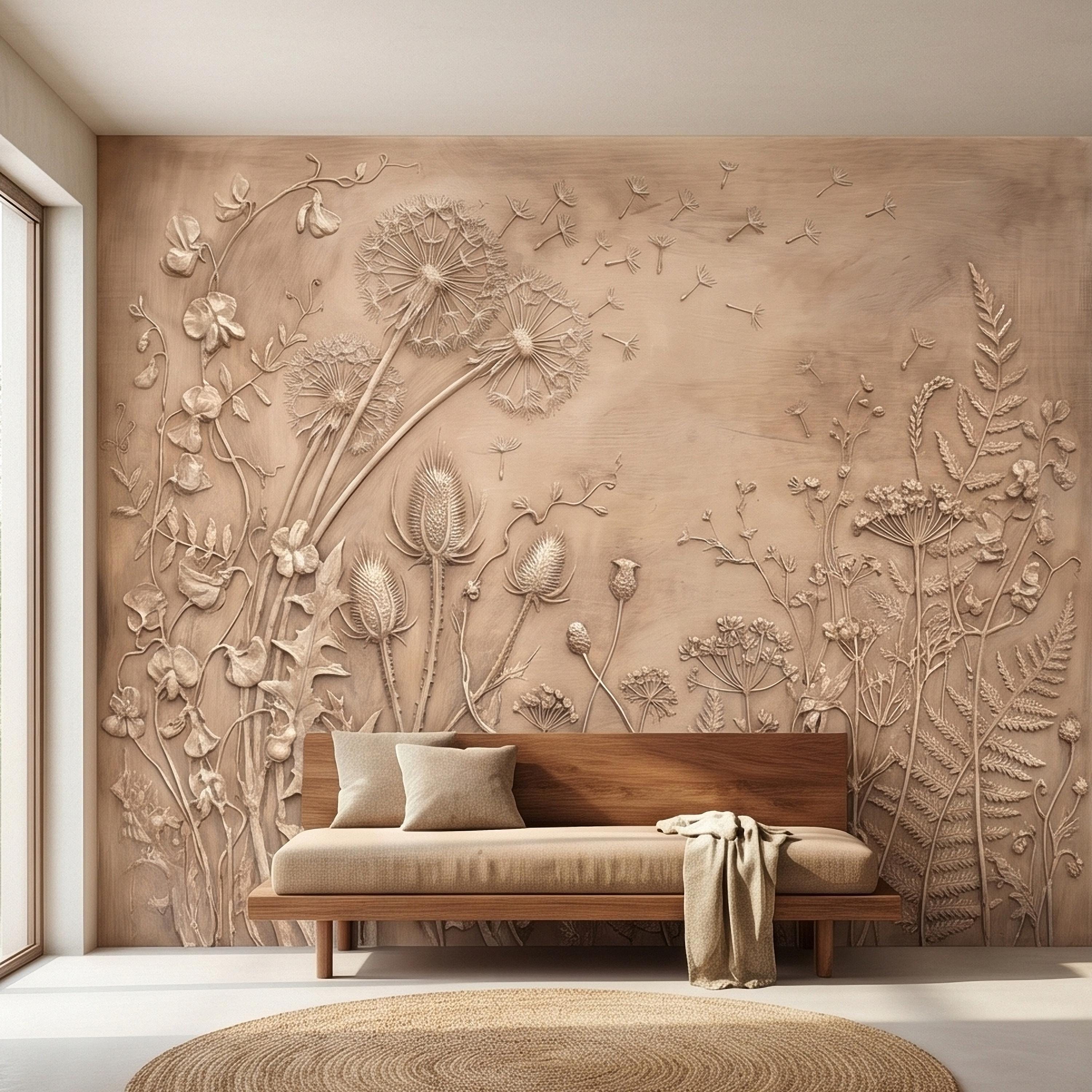 Dandelion Seeds Wildflower Botanical Peel & Stick Wall Mural, Flat Meadow Bas Relief Style, 3D Visual Effect Beige Taupe Floral Wallpaper