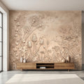 Dandelion Seeds Wildflower Botanical Peel & Stick Wall Mural, Flat Meadow Bas Relief Style, 3D Visual Effect Beige Taupe Floral Wallpaper