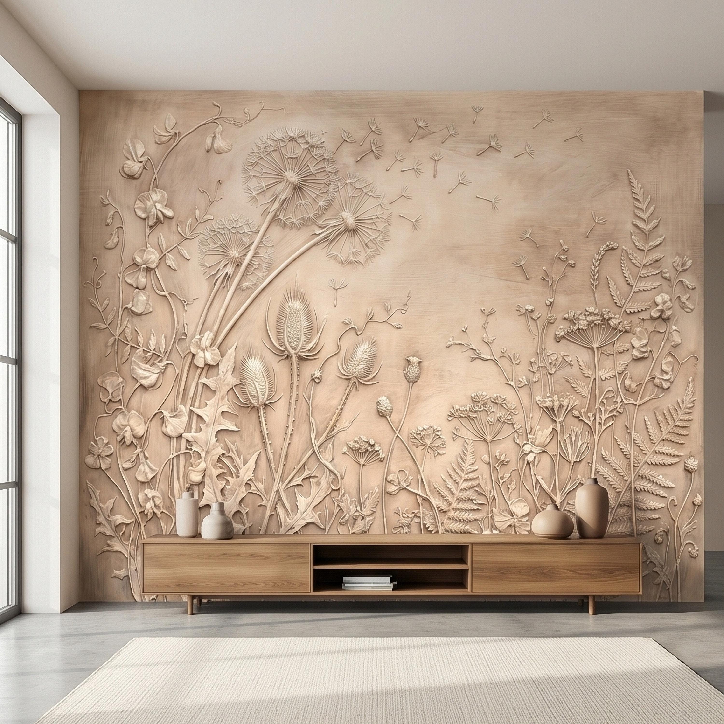 Dandelion Seeds Wildflower Botanical Peel & Stick Wall Mural, Flat Meadow Bas Relief Style, 3D Visual Effect Beige Taupe Floral Wallpaper
