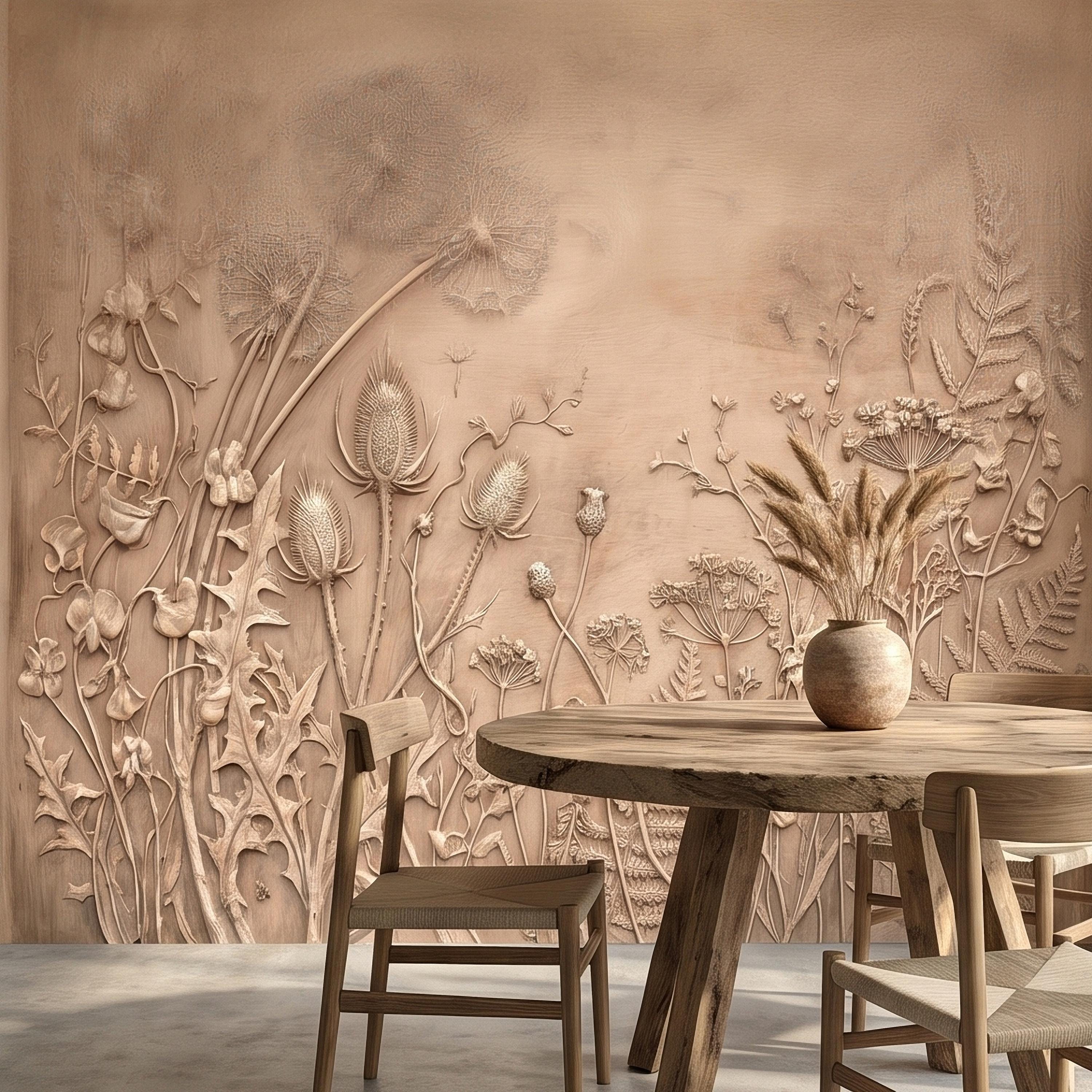 Dandelion Seeds Wildflower Botanical Peel & Stick Wall Mural, Flat Meadow Bas Relief Style, 3D Visual Effect Beige Taupe Floral Wallpaper