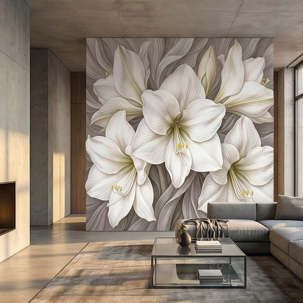 White Lily Peel and Stick Wall Mural, Neutral Floral, Elegant Large Bloom Botanical, Soft Taupe Luxury Wallpaper