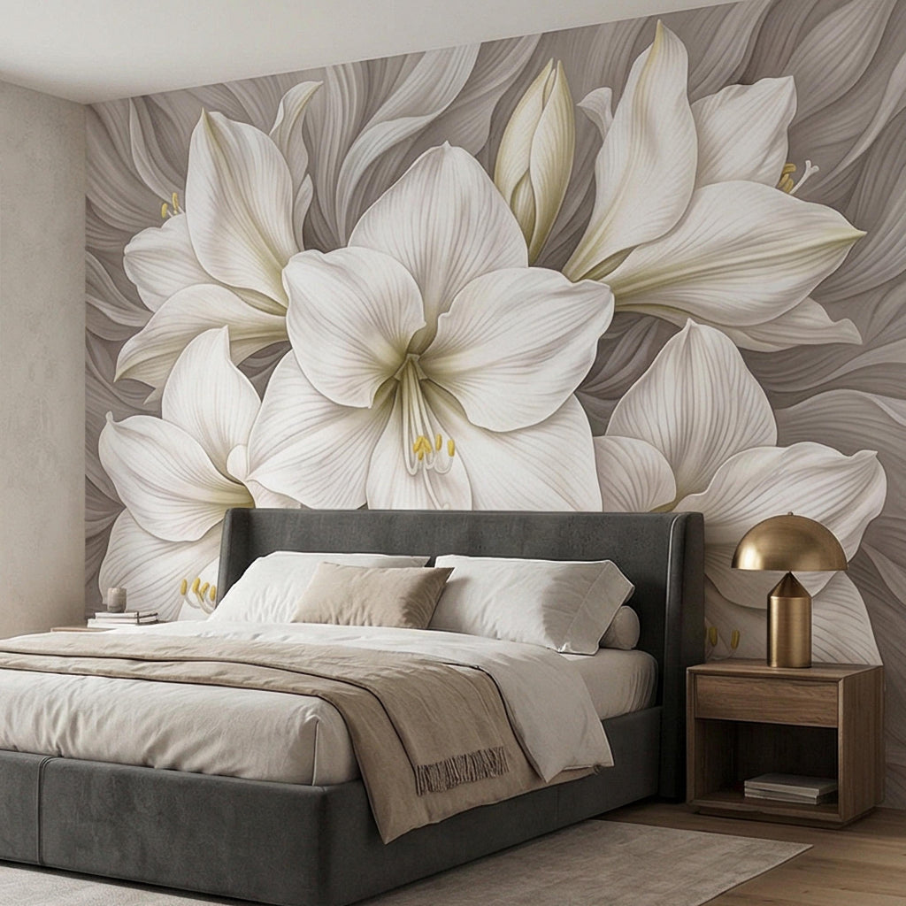 White Lily Peel and Stick Wall Mural, Neutral Floral, Elegant Large Bloom Botanical, Soft Taupe Luxury Wallpaper