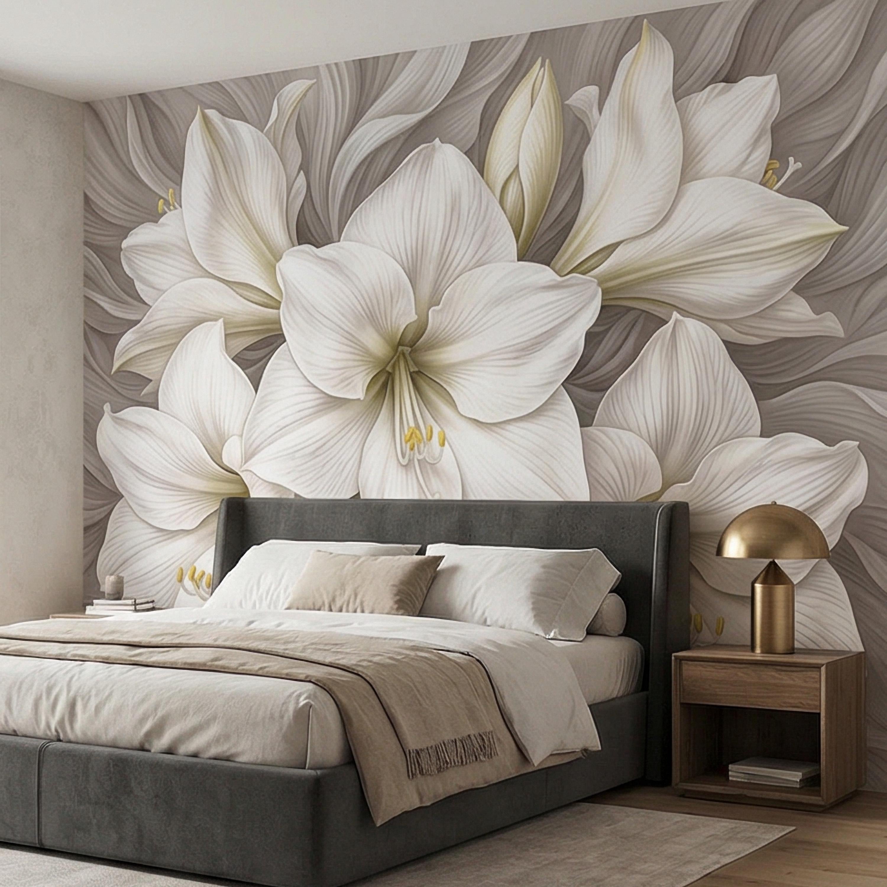 White Lily Peel and Stick Wall Mural, Neutral Floral, Elegant Large Bloom Botanical, Soft Taupe Luxury Wallpaper