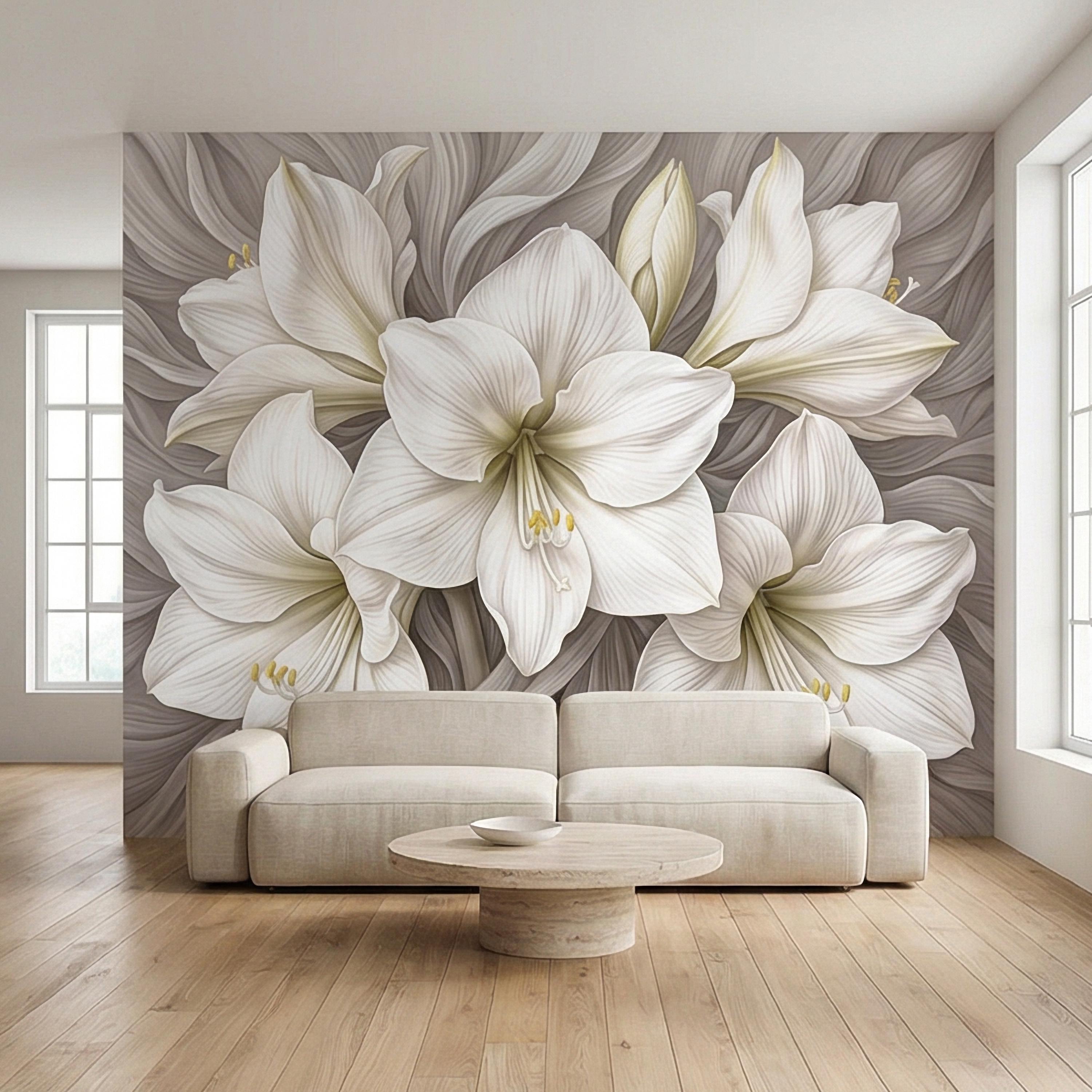 White Lily Peel and Stick Wall Mural, Neutral Floral, Elegant Large Bloom Botanical, Soft Taupe Luxury Wallpaper