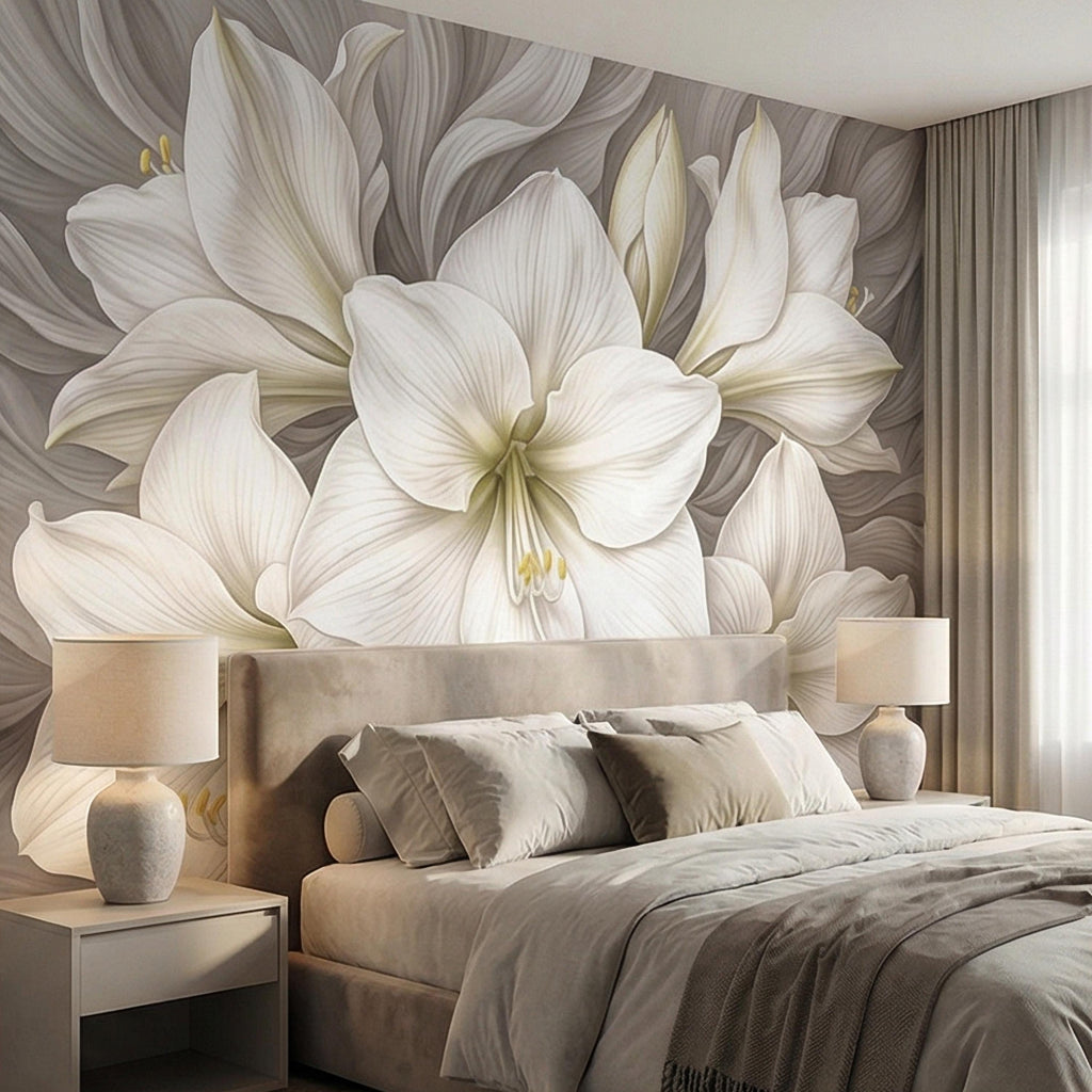 White Lily Peel and Stick Wall Mural, Neutral Floral, Elegant Large Bloom Botanical, Soft Taupe Luxury Wallpaper