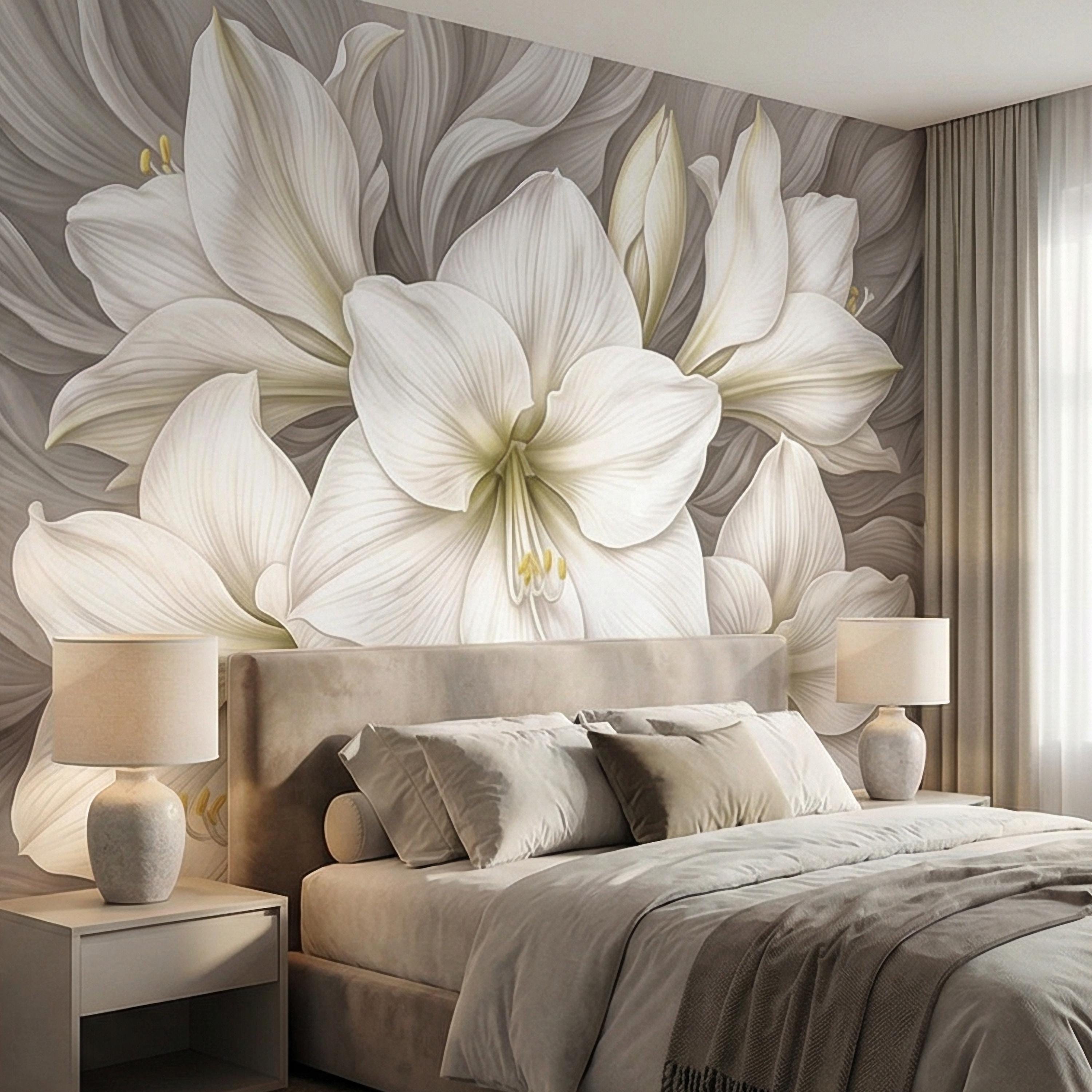 White Lily Peel and Stick Wall Mural, Neutral Floral, Elegant Large Bloom Botanical, Soft Taupe Luxury Wallpaper