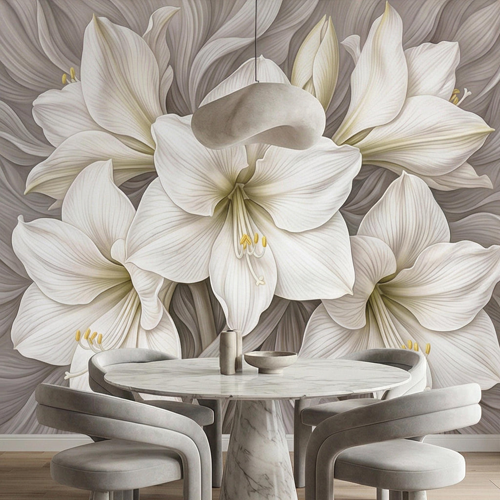 White Lily Peel and Stick Wall Mural, Neutral Floral, Elegant Large Bloom Botanical, Soft Taupe Luxury Wallpaper