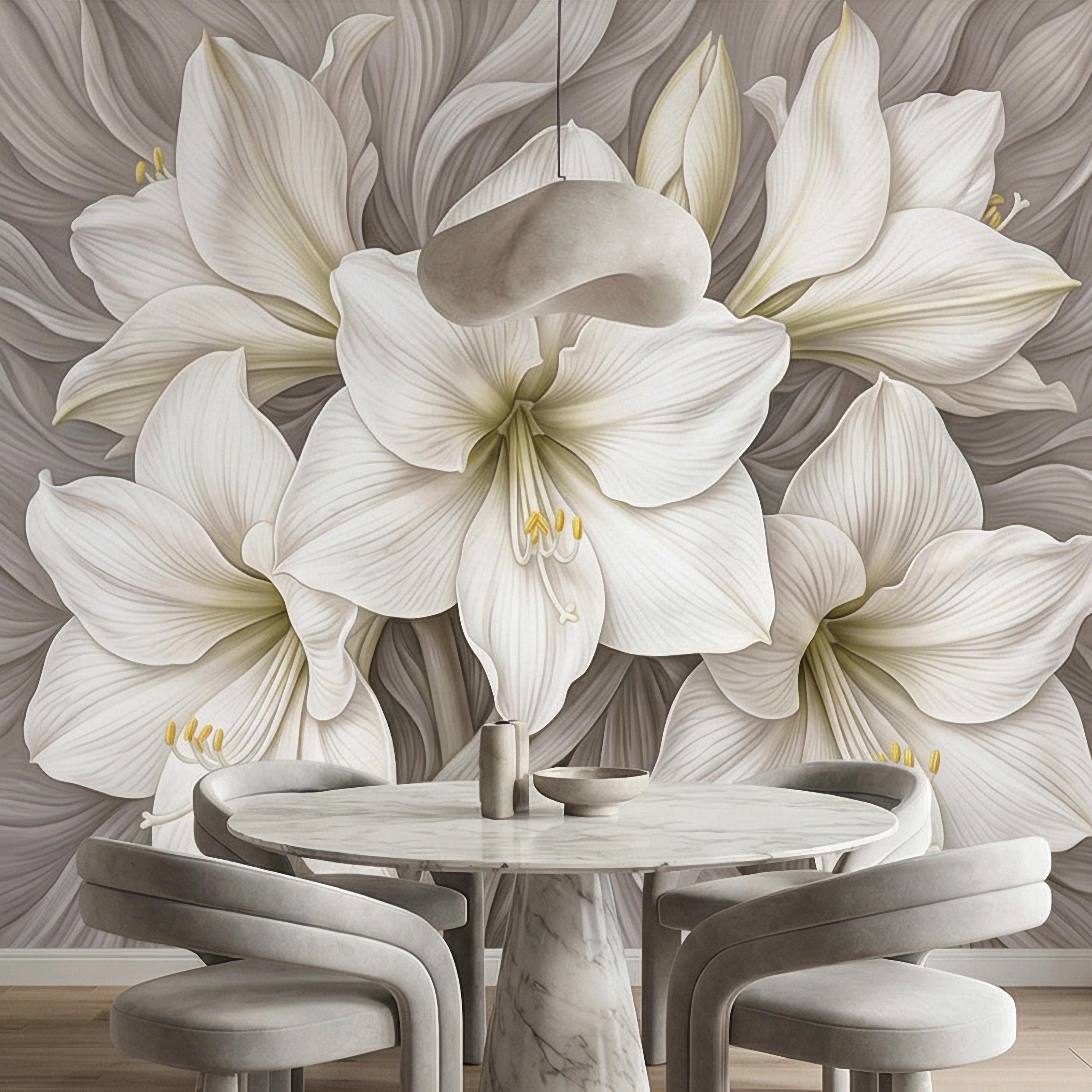 White Lily Peel and Stick Wall Mural, Neutral Floral, Elegant Large Bloom Botanical, Soft Taupe Luxury Wallpaper